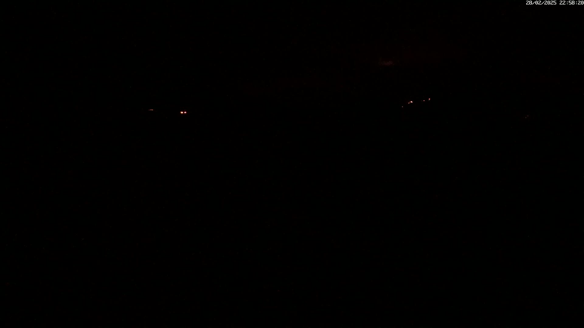 A dark, nighttime scene shows a few faint red lights in the distance under a cloudy sky.