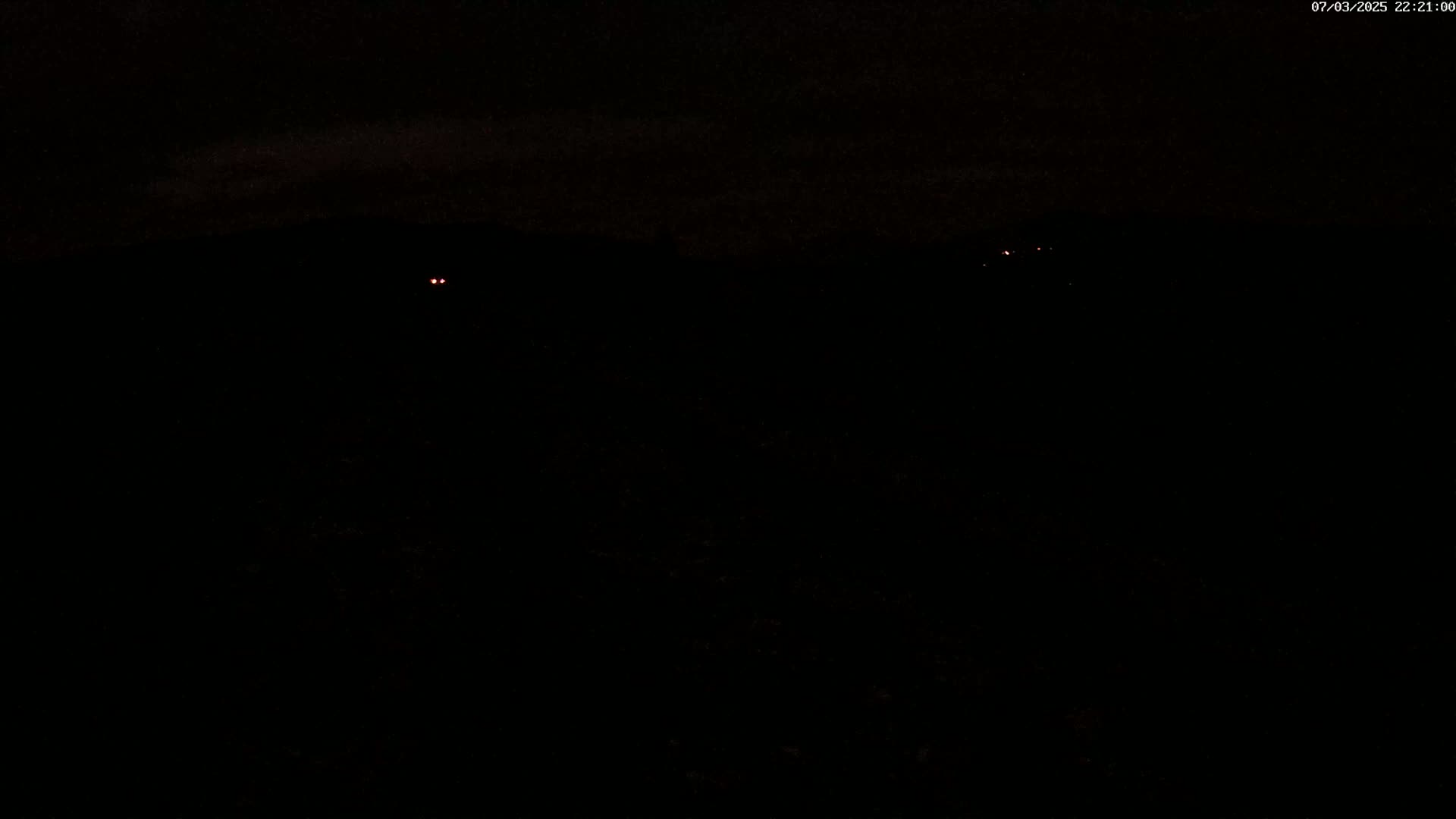Two pairs of faint red lights are visible in the distance under a dark, nighttime sky.