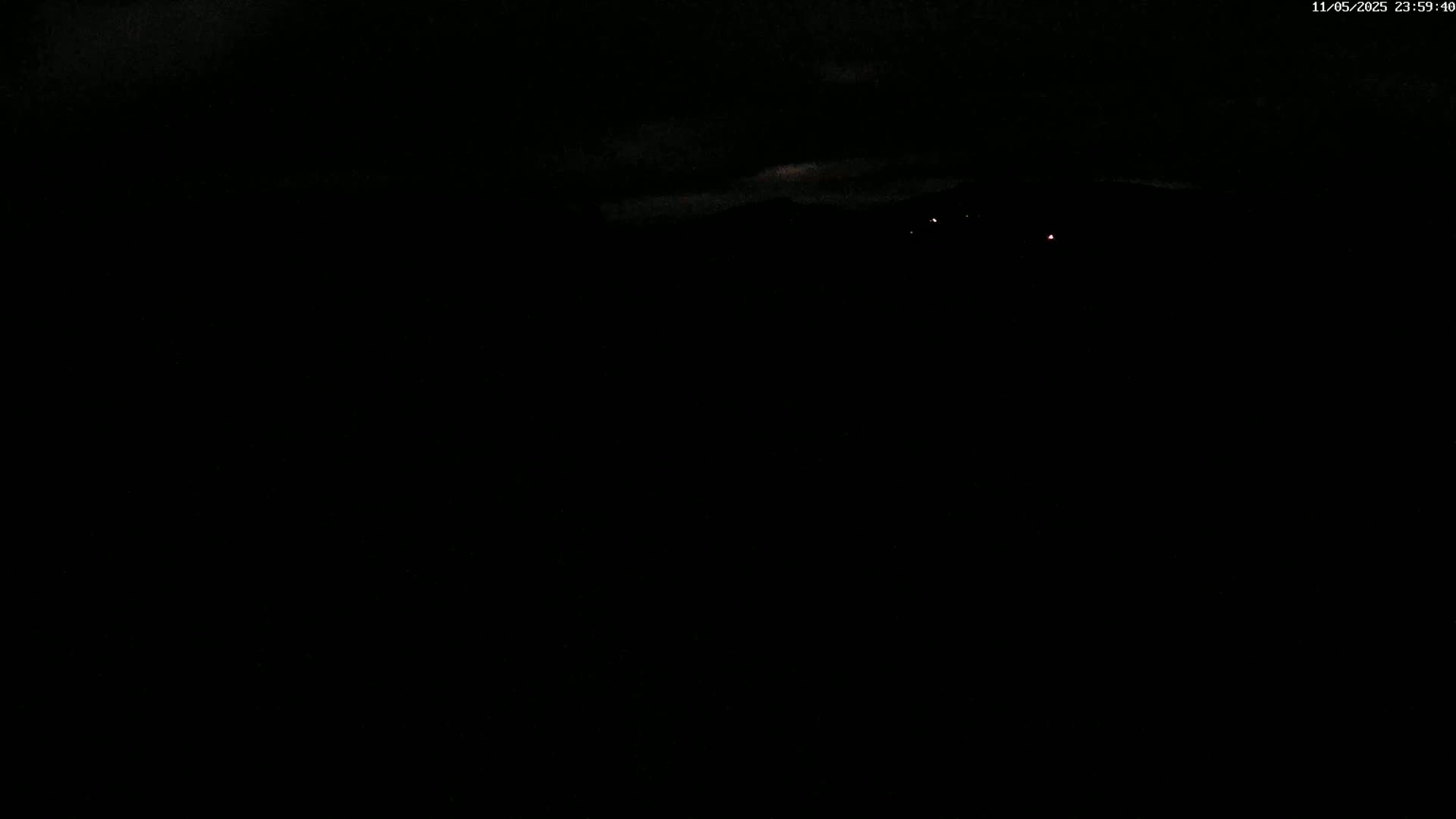 A nighttime long shot shows a dark landscape with a few faint lights in the distance under a mostly cloudy sky.