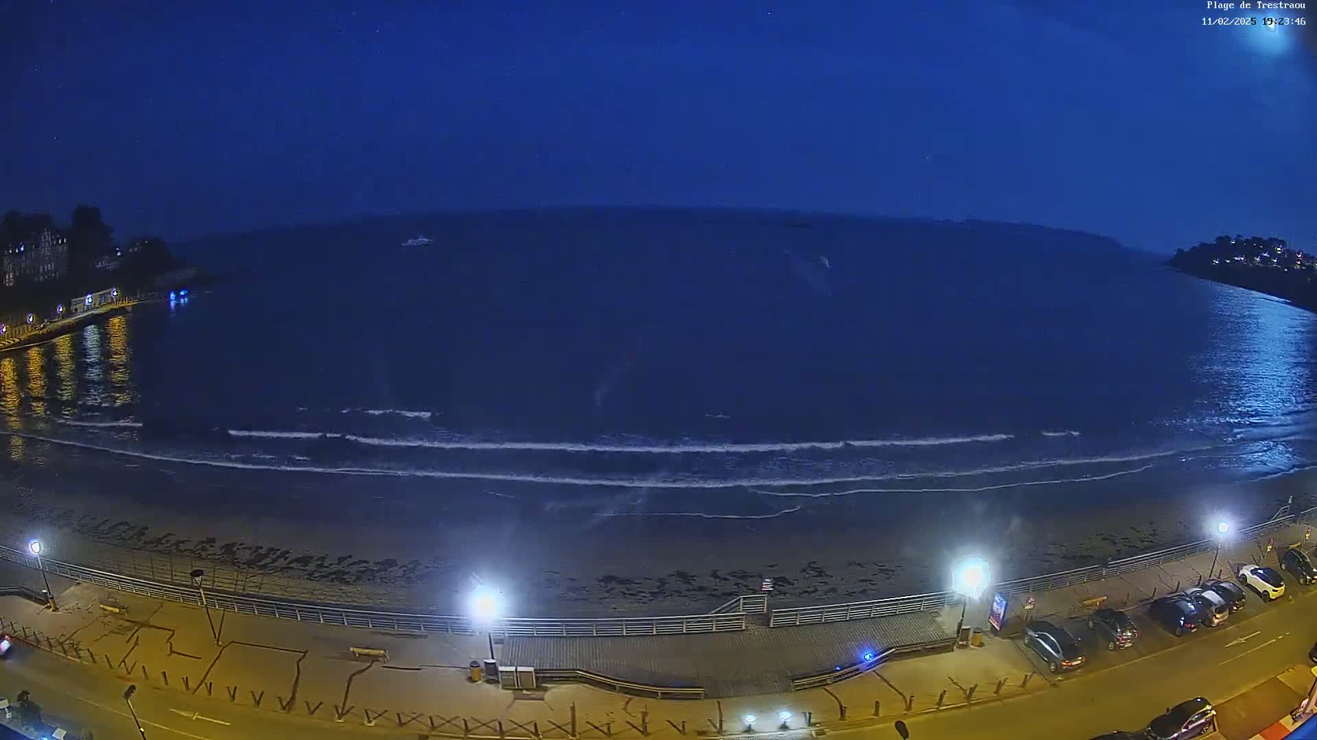 A dark, nighttime beach scene shows gently rolling waves lapping at a shoreline with a boardwalk and parked cars under a clear, star-studded sky.