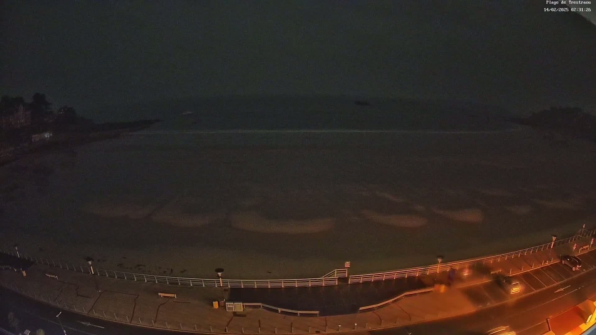 A nighttime, high-angle view of a dark beach with a few cars parked along a paved area, a railing separating the beach from the road, and a dark ocean in the background.