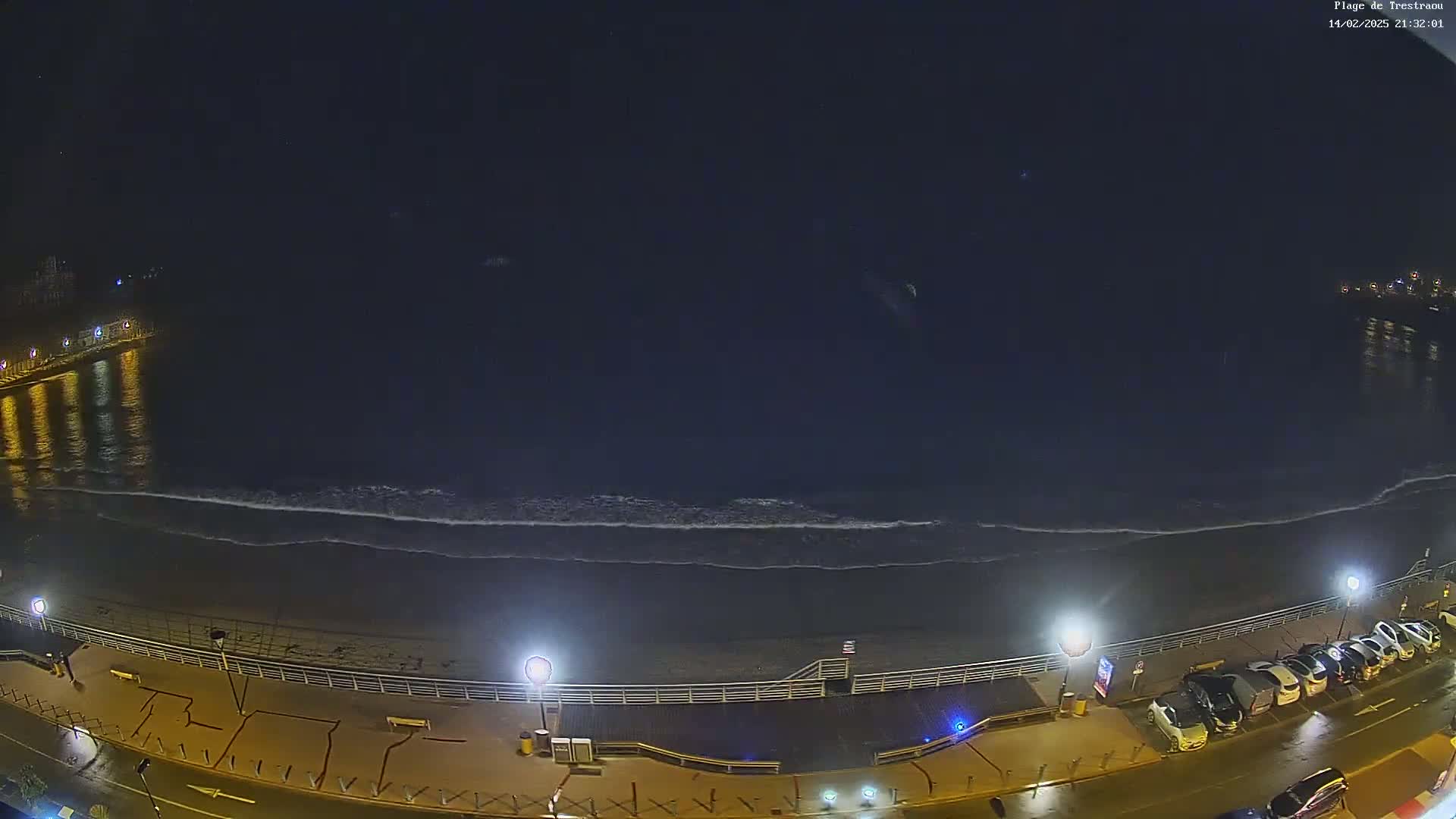 A nighttime view of a beach with gentle waves rolling onto the shore, under a dark, clear sky, showing a paved walkway and parked cars along the beachfront.