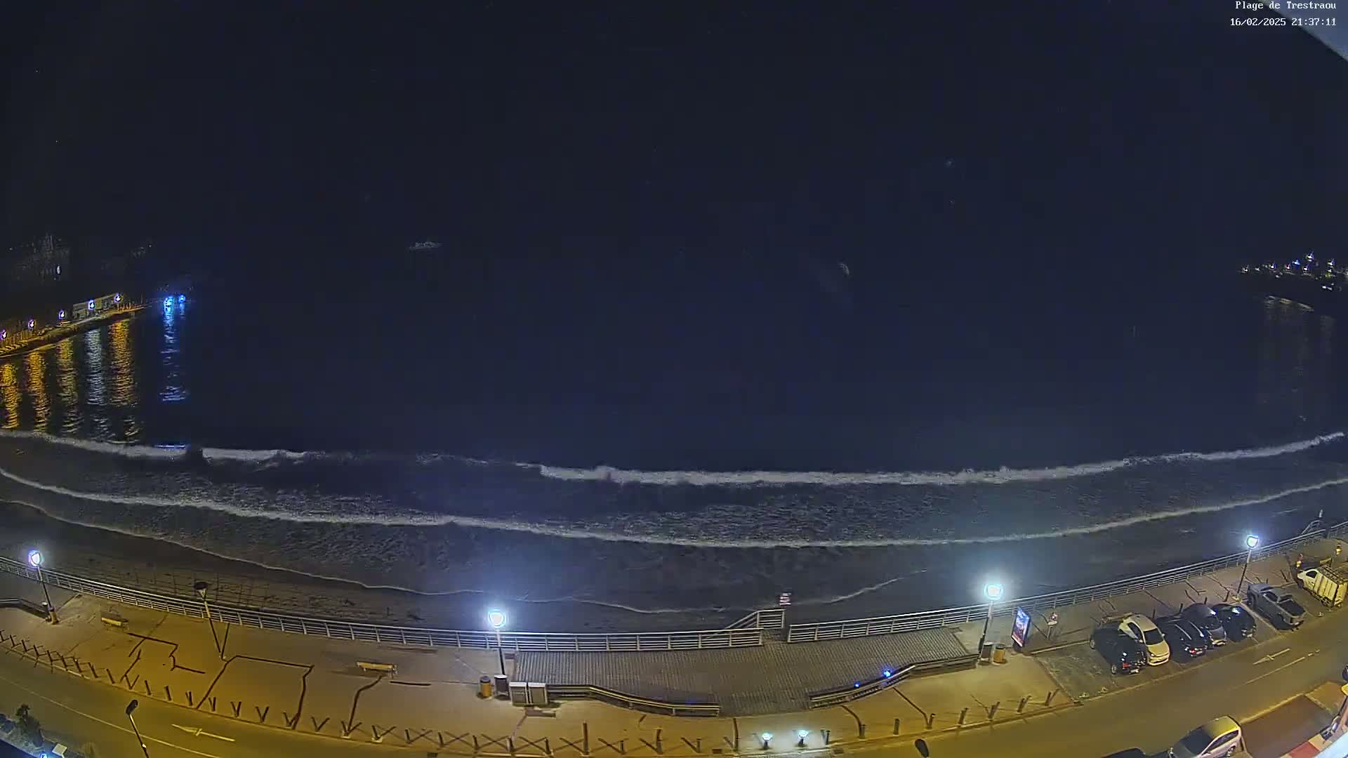 A nighttime, high-angle view shows a dark ocean with waves lapping a shoreline with lights illuminating a boardwalk and a street with parked cars.