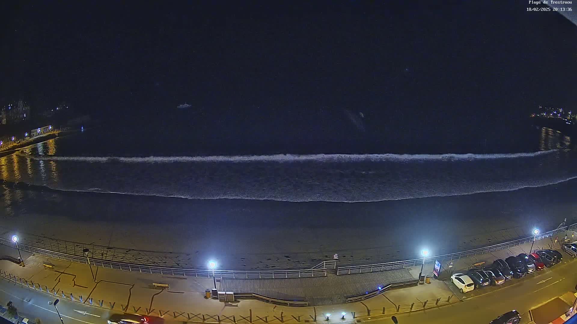 A nighttime, high-angle view shows a dark ocean with waves breaking on a sandy beach, a boardwalk with lights, and a street with parked cars.