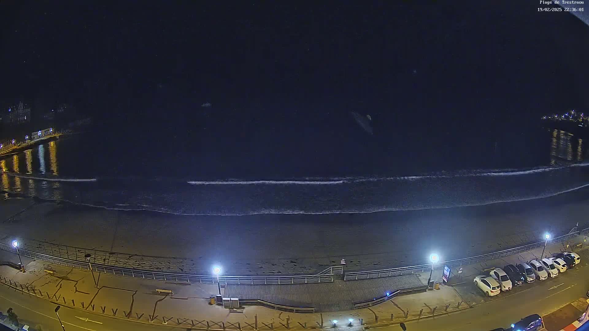 A dark, nighttime beach scene shows gently lapping waves on a sandy shore, illuminated by streetlights lining a boardwalk and parking lot with several parked cars.
