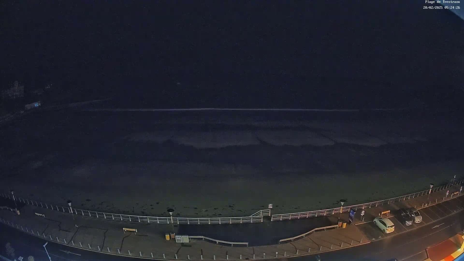 A nighttime, high-angle view shows a dark ocean meeting a shoreline with a paved walkway, railings, and a few parked cars.