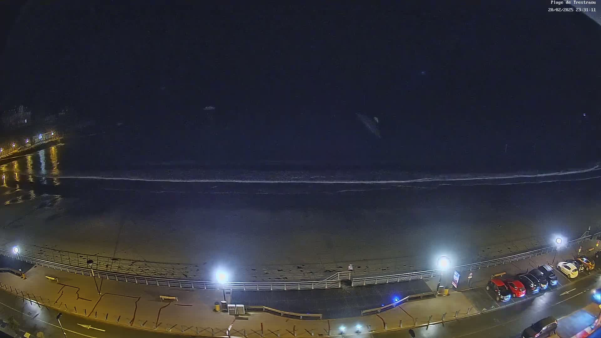 A nighttime, high-angle view shows a dark beach with gently lapping waves under a clear, dark sky, next to a boardwalk with parked cars and streetlights.