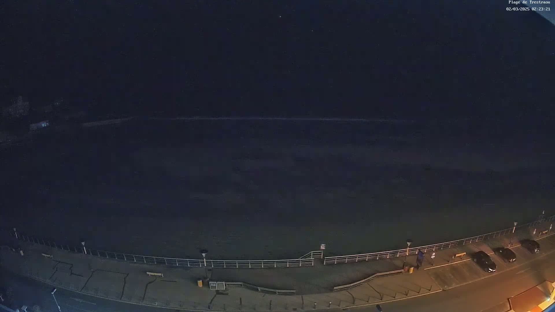 A nighttime, high-angle view shows a dark body of water next to a paved area with a railing, streetlights, and a few parked cars.