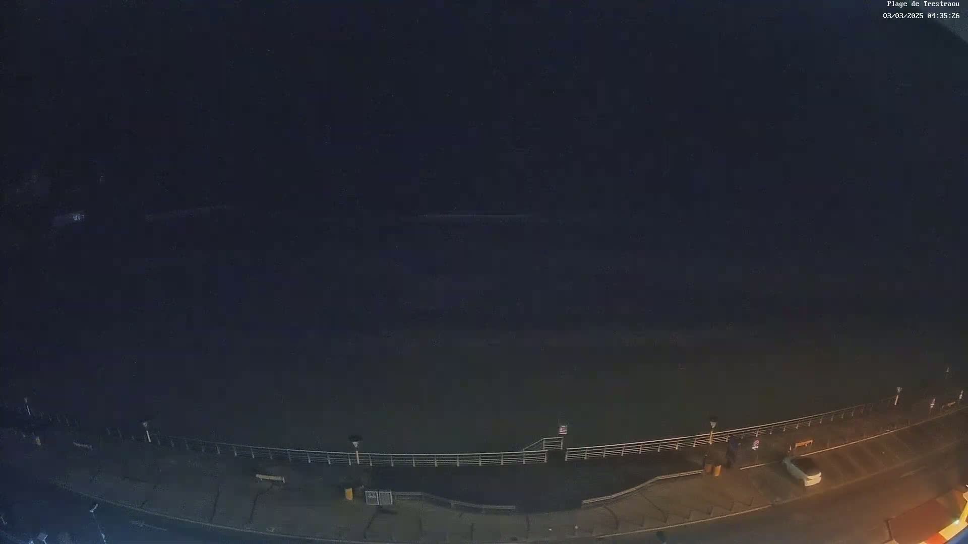 A nighttime, high-angle view shows a dark body of water next to a paved waterfront area with a railing and a few parked cars.