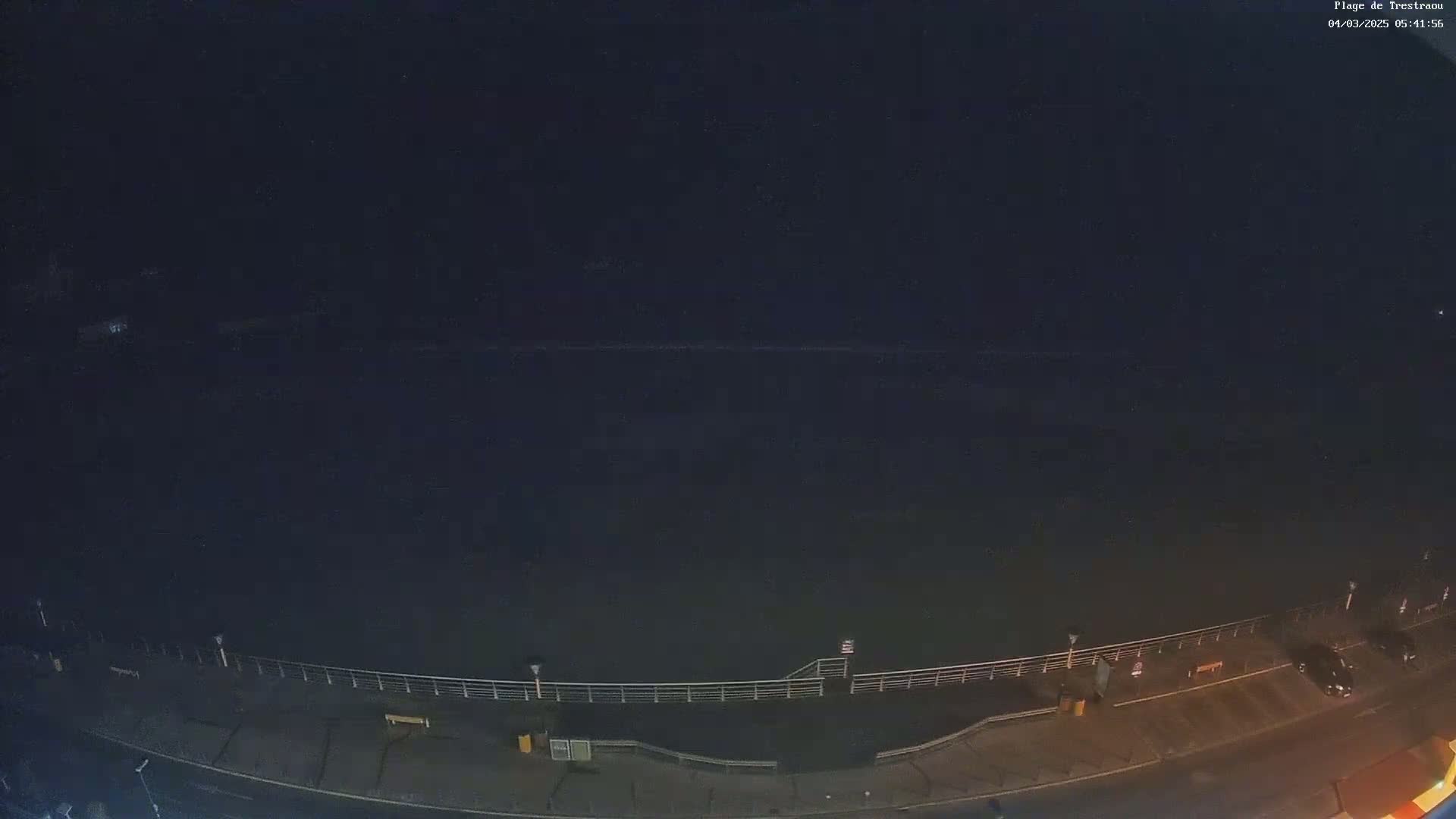 A nighttime, high-angle view shows a dark body of water next to a paved area with a railing and a few parked cars.