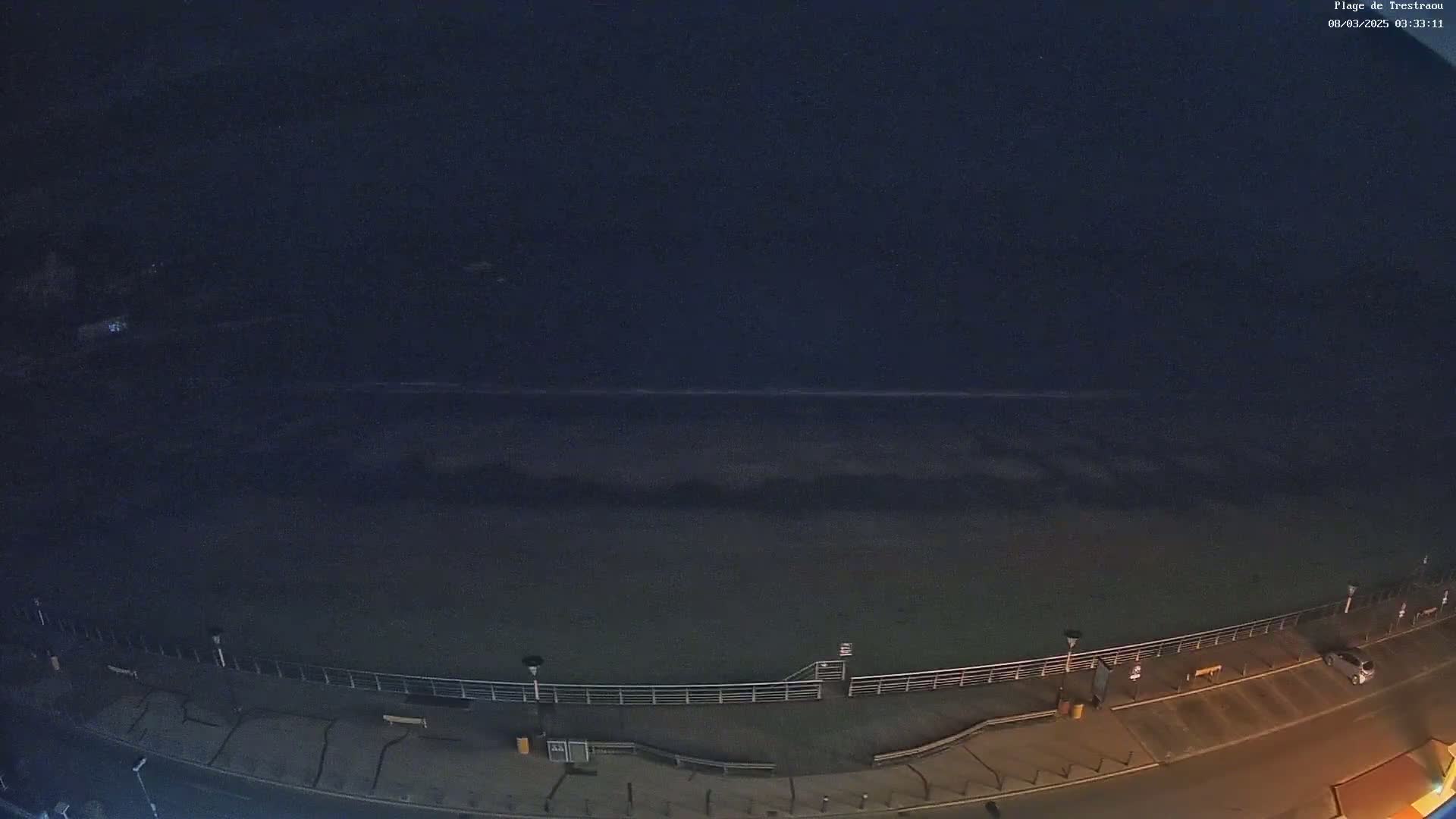 A dark, nighttime view of a beach with a calm ocean and a paved walkway lined with lights.