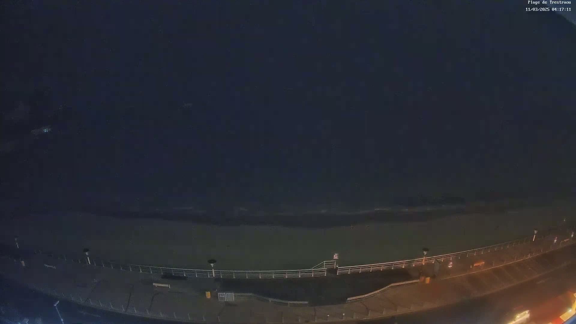 A nighttime, high-angle view shows a dark ocean with small waves lapping a beach, beyond which is a boardwalk with lights.
