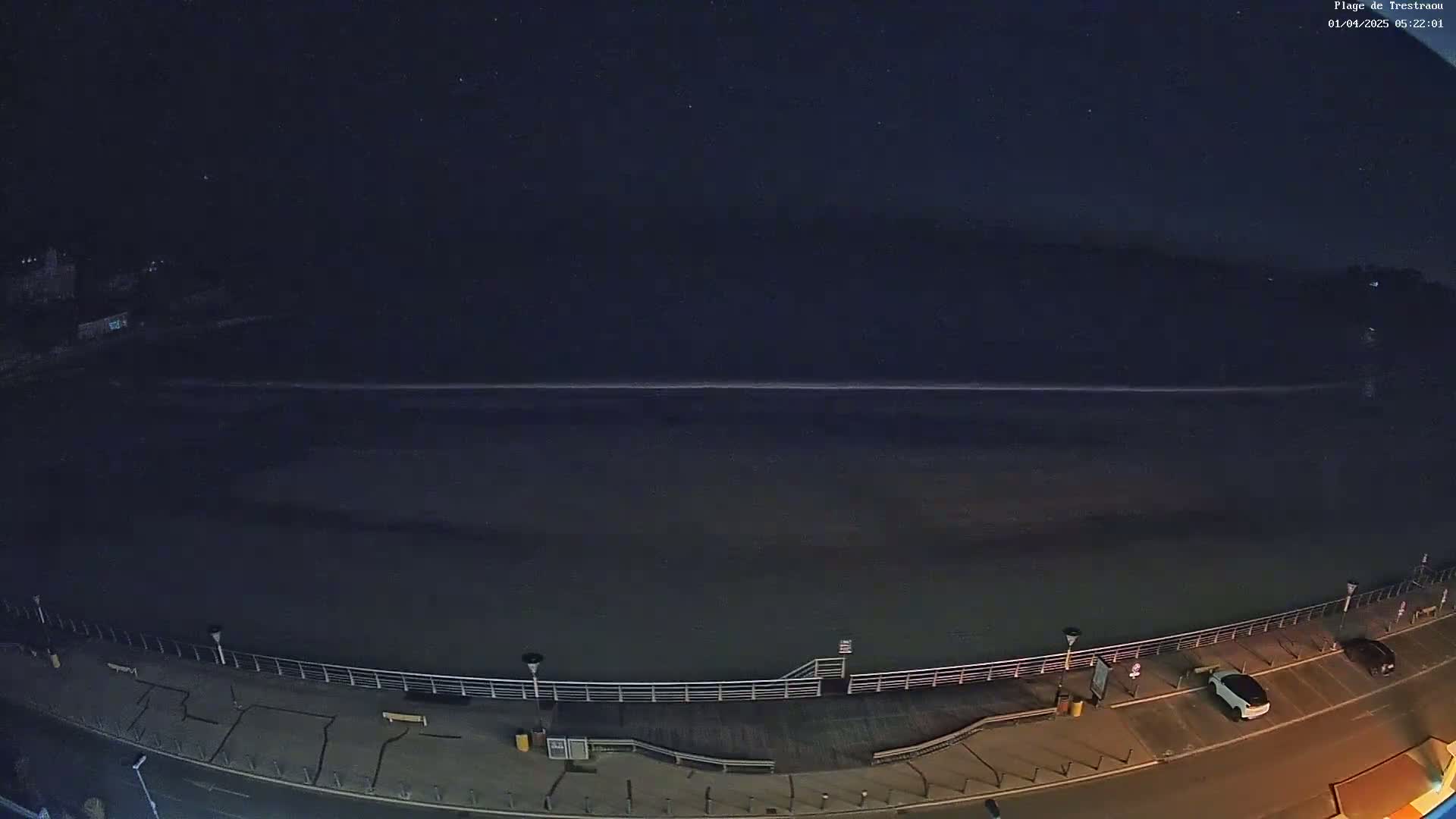 A nighttime, high-angle view shows a calm dark body of water next to a paved waterfront area with a railing, streetlights, and a few parked cars under a clear, starry sky.