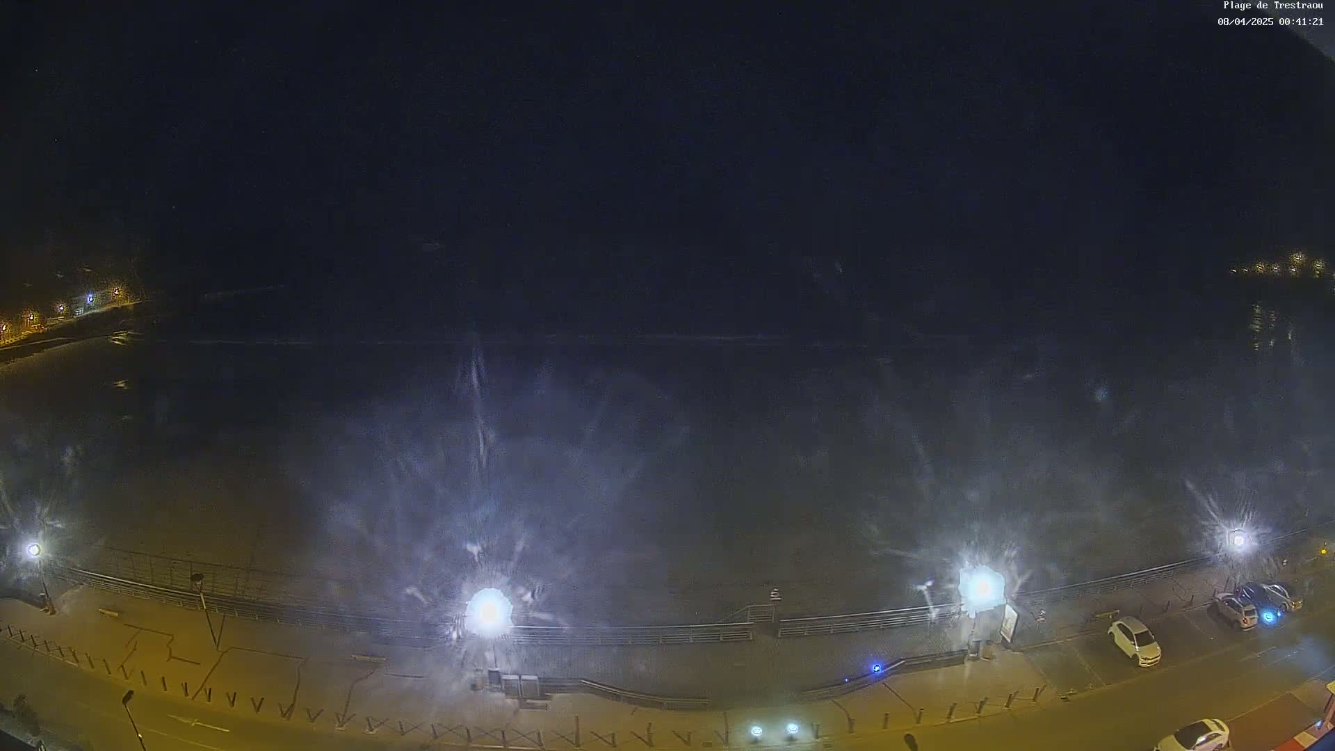 A nighttime, high-angle view of a coastline shows a dark ocean with white waves and spray, illuminated by streetlights along a paved walkway with parked cars.