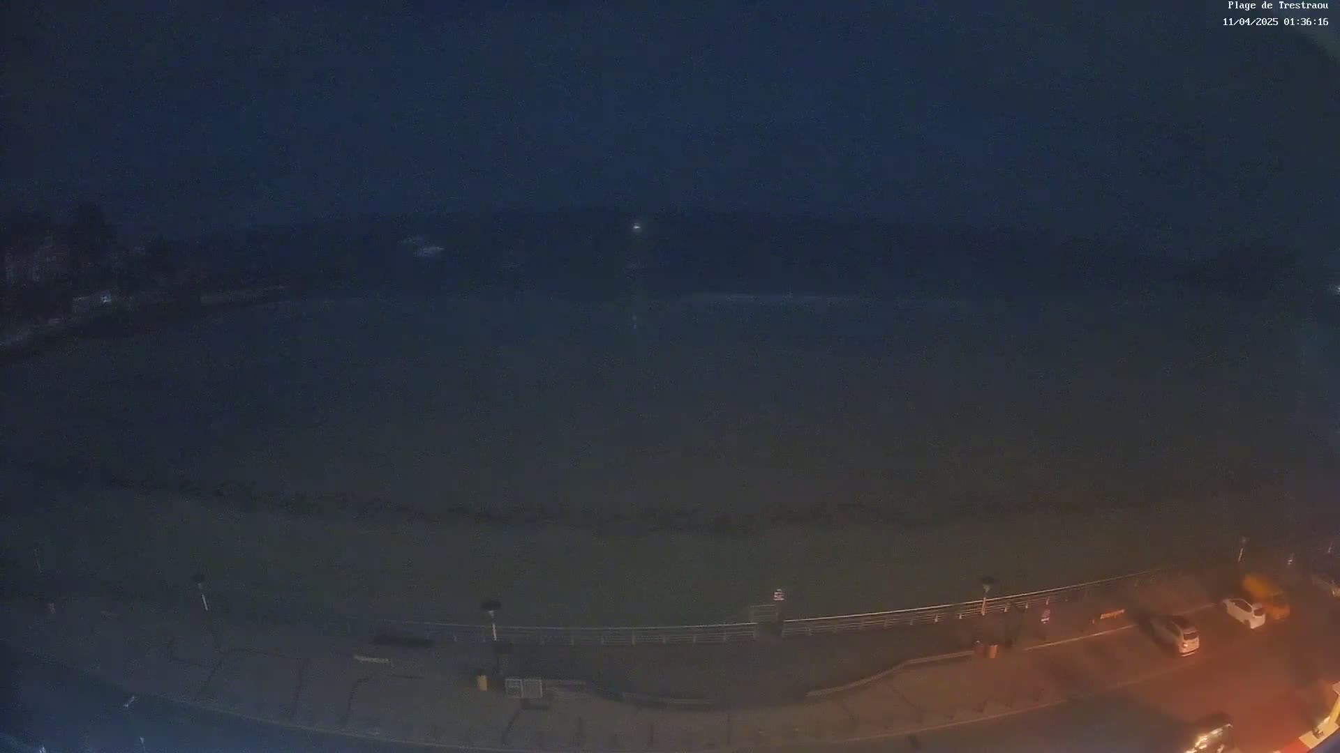 A nighttime, high-angle view shows a dark body of water next to a paved area with a few parked cars and a railing separating the two.