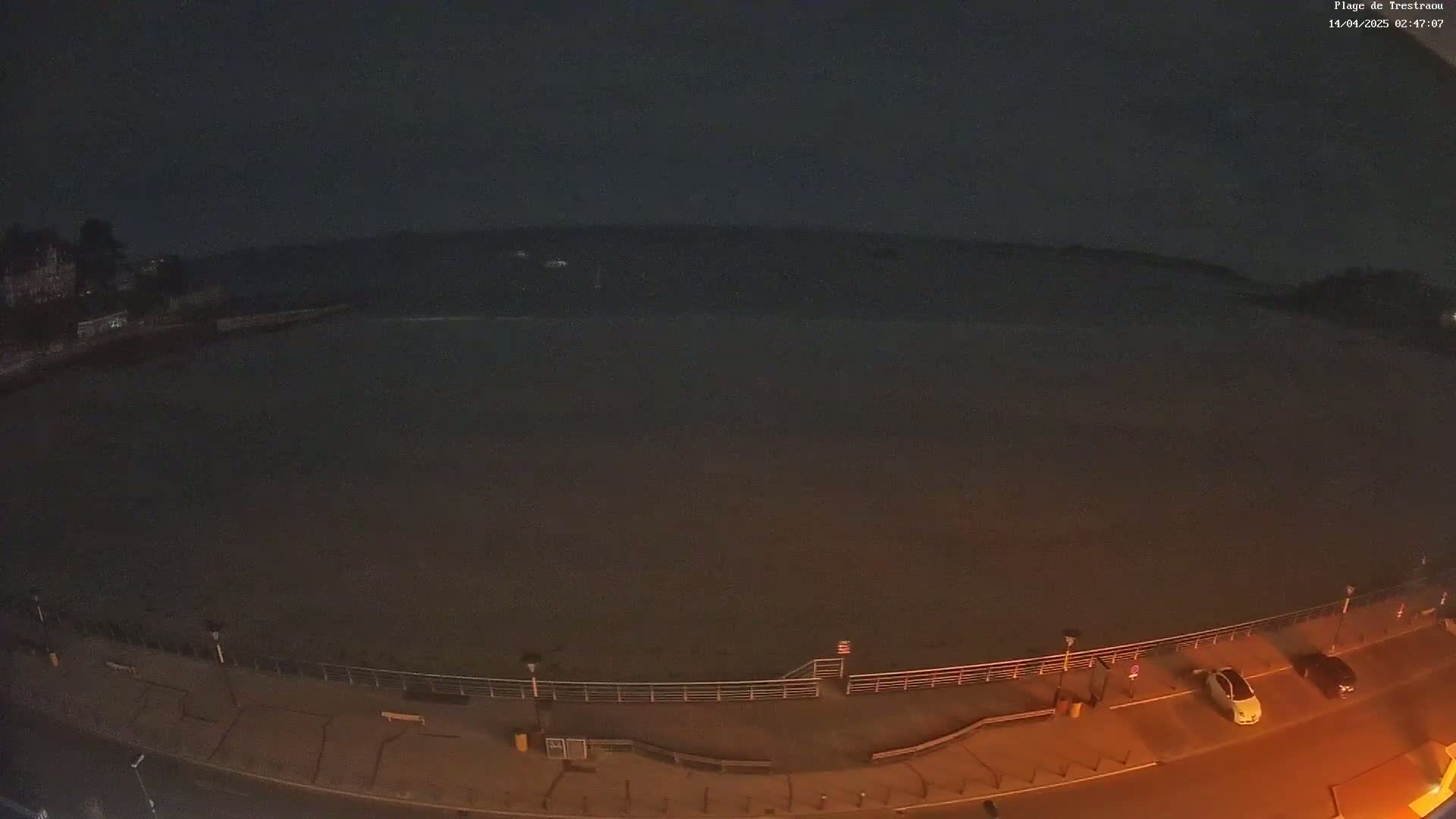 A nighttime view of a calm body of water next to a paved waterfront area with a few parked cars.