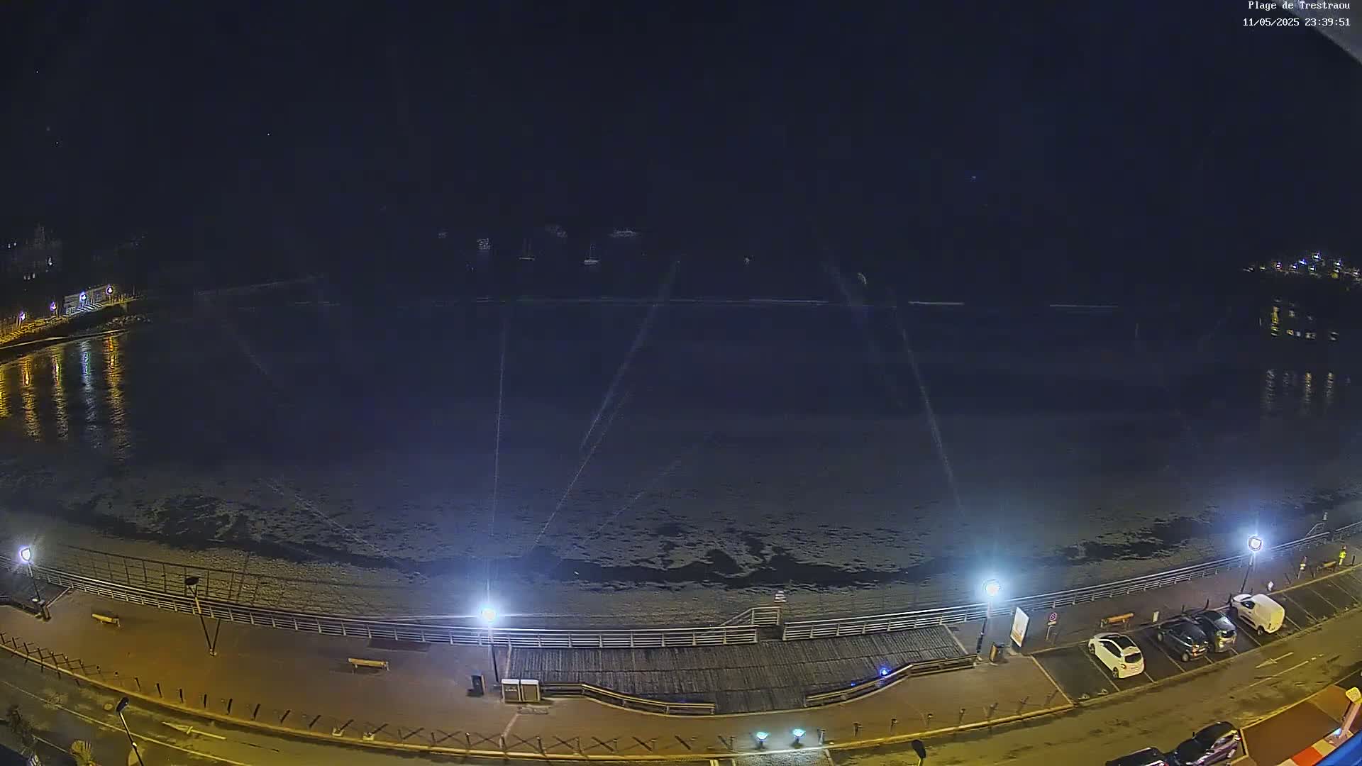A nighttime aerial view shows a calm body of water lapping a boardwalk with parked cars and lights along a paved road.