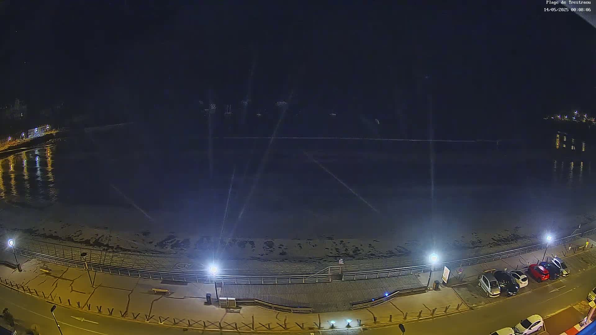 A nighttime, high-angle view of a calm, dark body of water lapping a beach with a boardwalk, streetlights illuminating a mostly empty parking lot beside it.
