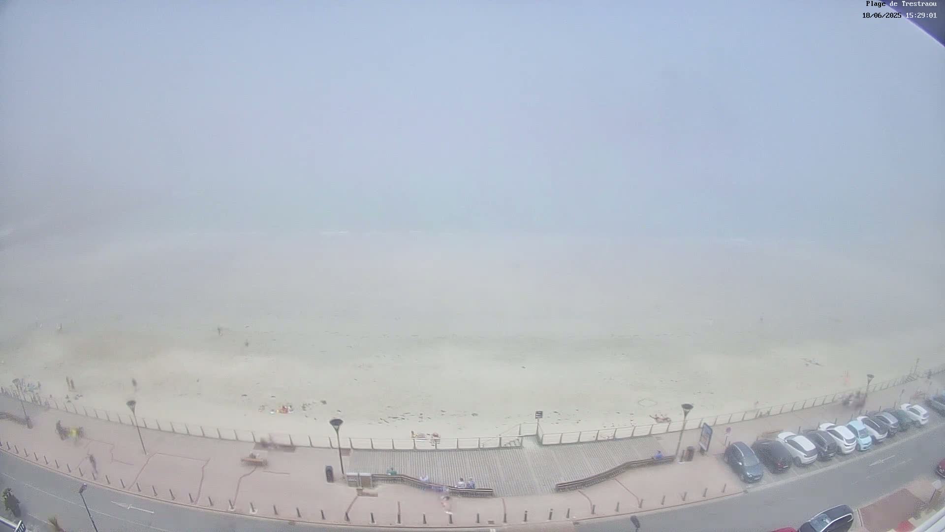 A foggy beach scene shows a mostly empty sandy beach with a boardwalk and parked cars along a road, all obscured by a thick fog.