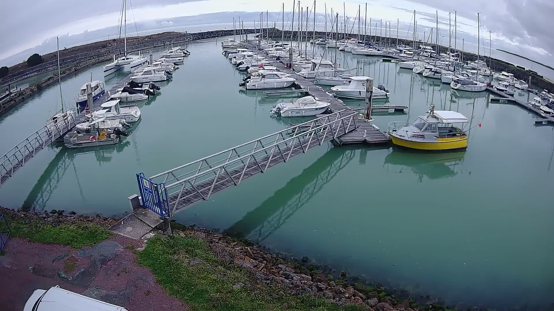 A marina filled with numerous sailboats and motorboats under an overcast sky, connected by a metal walkway.
