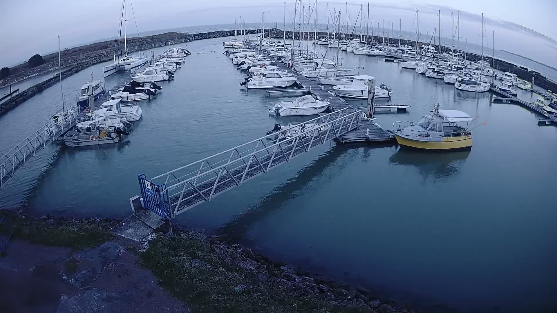A marina filled with sailboats and motorboats under an overcast sky.