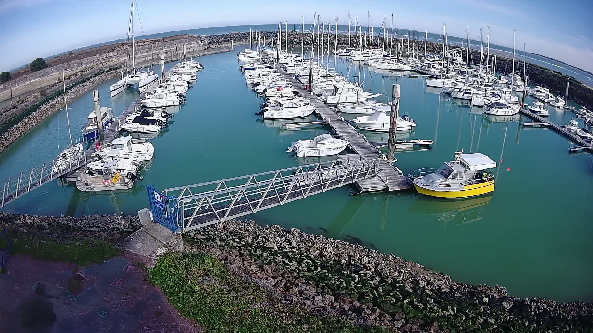 A marina filled with numerous sailboats and motorboats on a calm, sunny day.