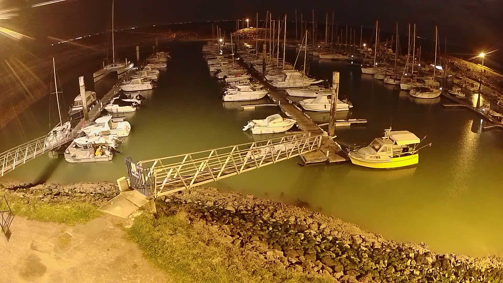 A marina at night filled with numerous boats docked along piers, lit by artificial lights, with calm, greenish-hued water.