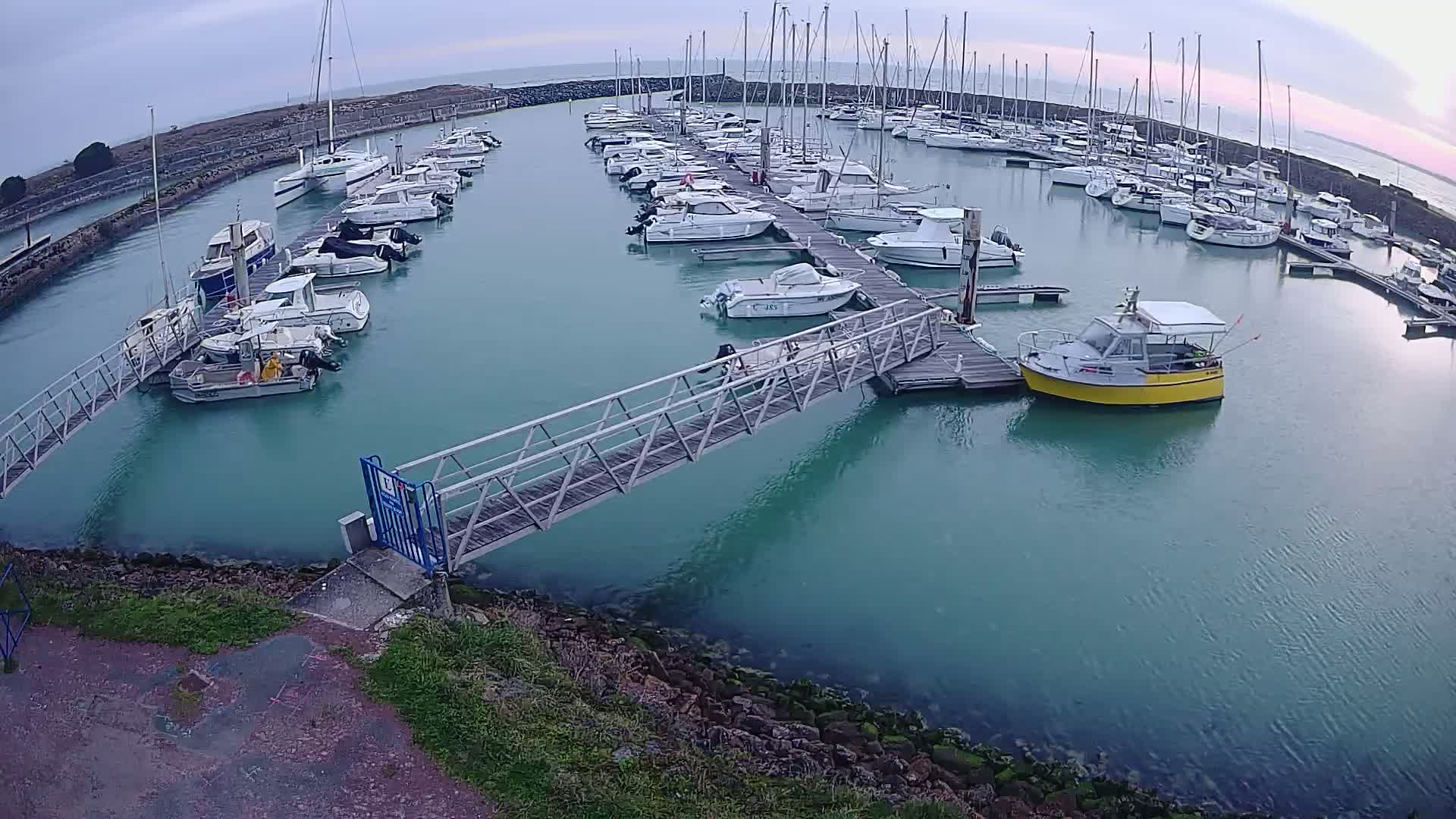A marina filled with numerous sailboats and motorboats on a calm, overcast day.