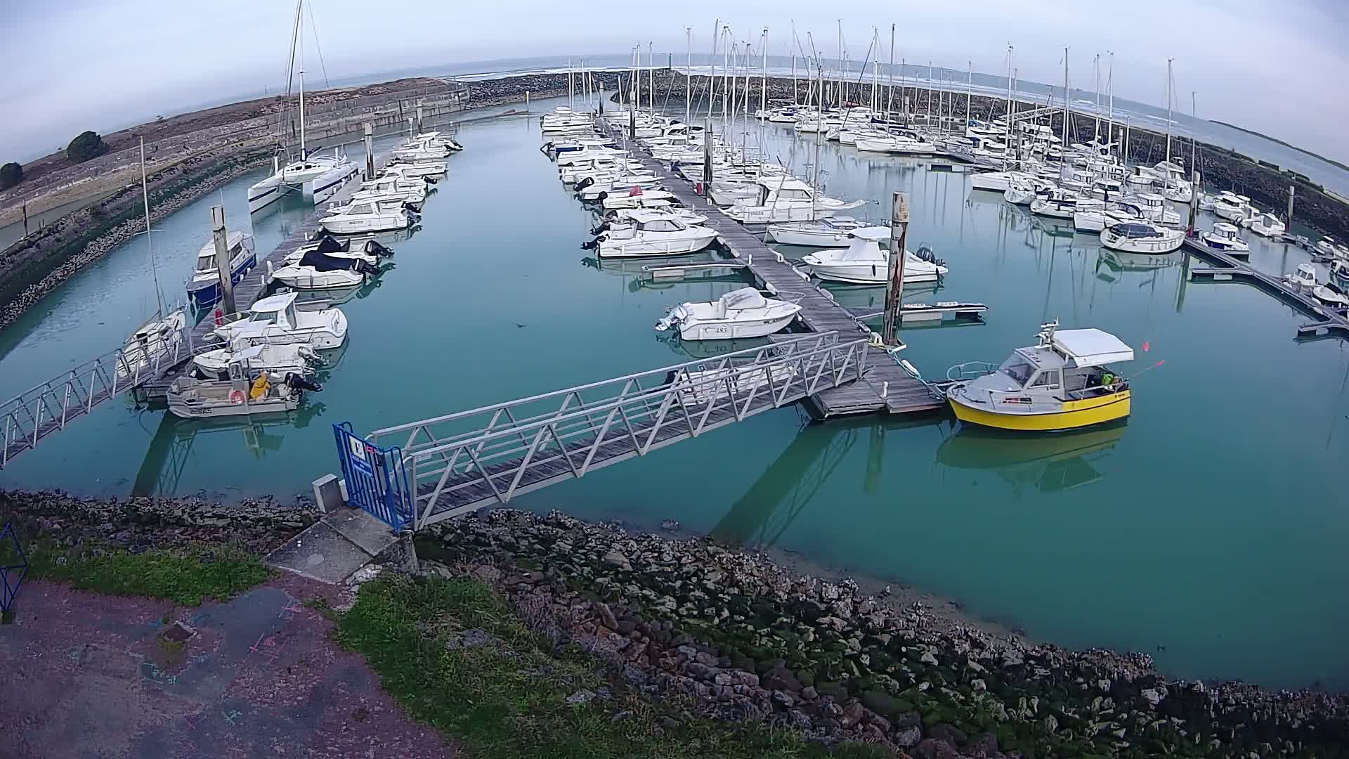 A marina filled with numerous boats of various sizes is seen on a calm, overcast day, with a small yellow boat docked near a metal walkway leading to the shore.
