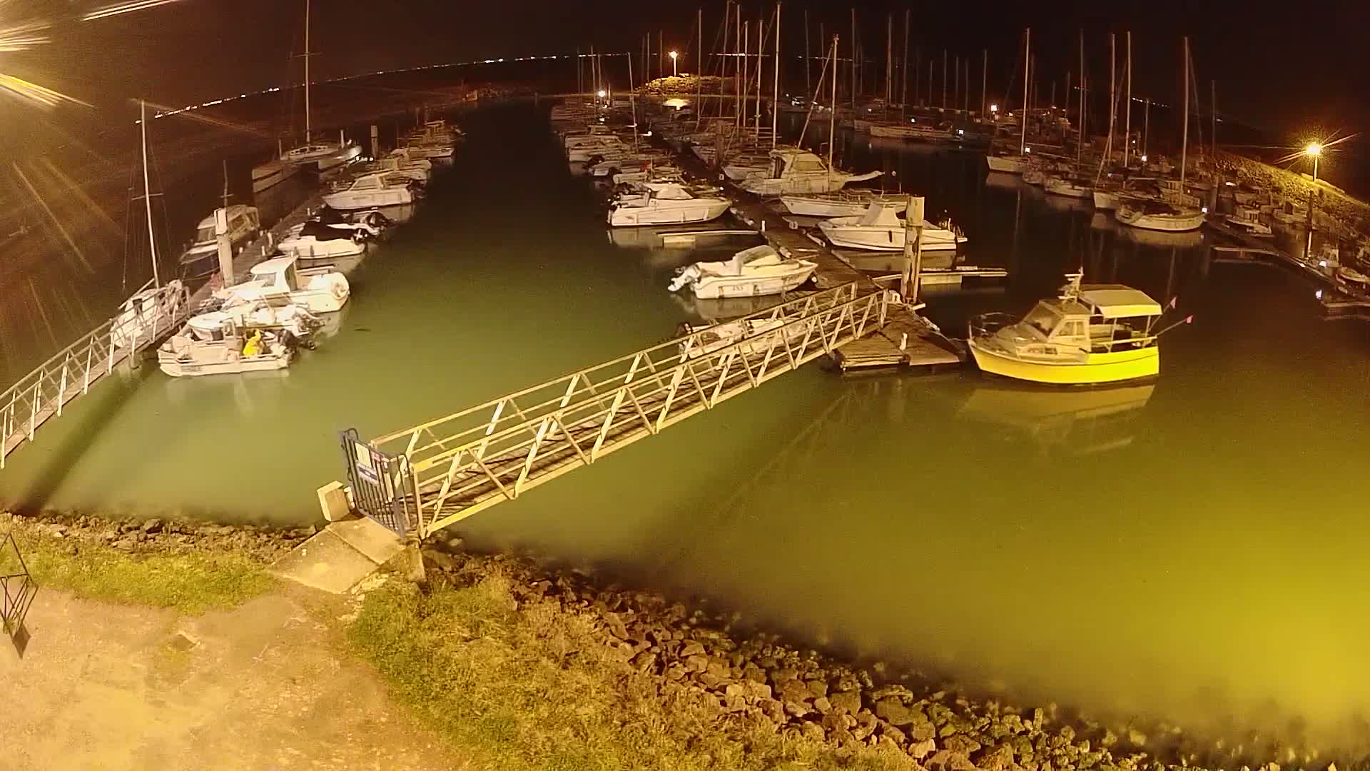 A marina at night, filled with numerous boats docked along piers, is illuminated under artificial light, with calm, greenish-tinged water.