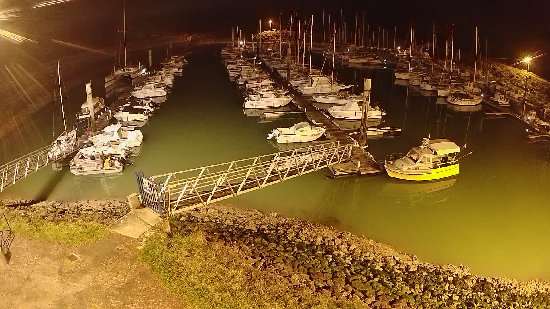 A marina at night with numerous boats docked, illuminated by artificial light, the water appearing greenish-yellow.