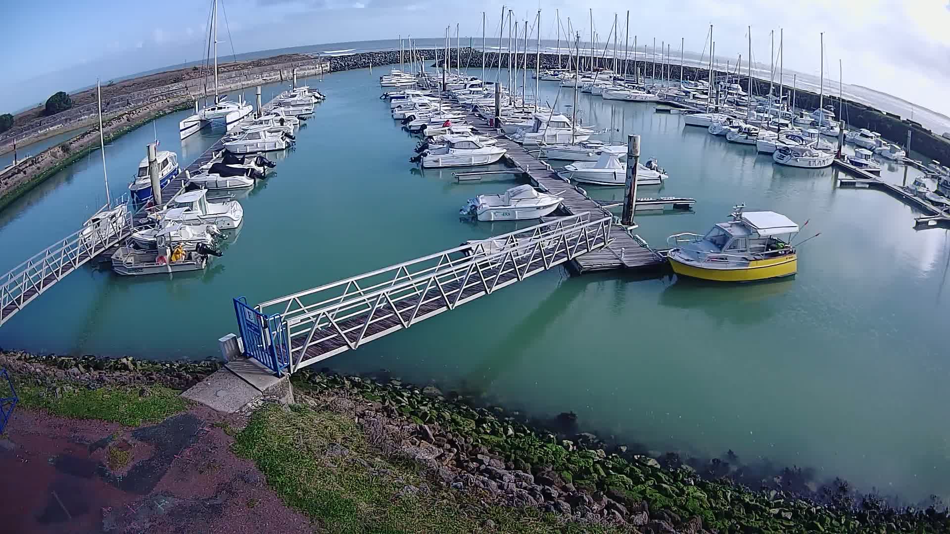 A marina filled with numerous sailboats and motorboats on a calm, sunny day.