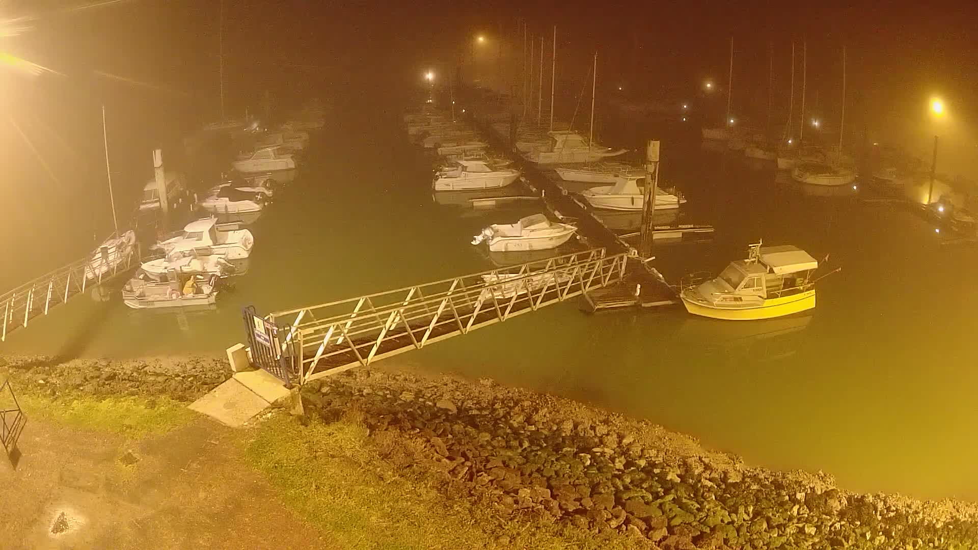 Many boats are docked at a marina in foggy nighttime conditions.