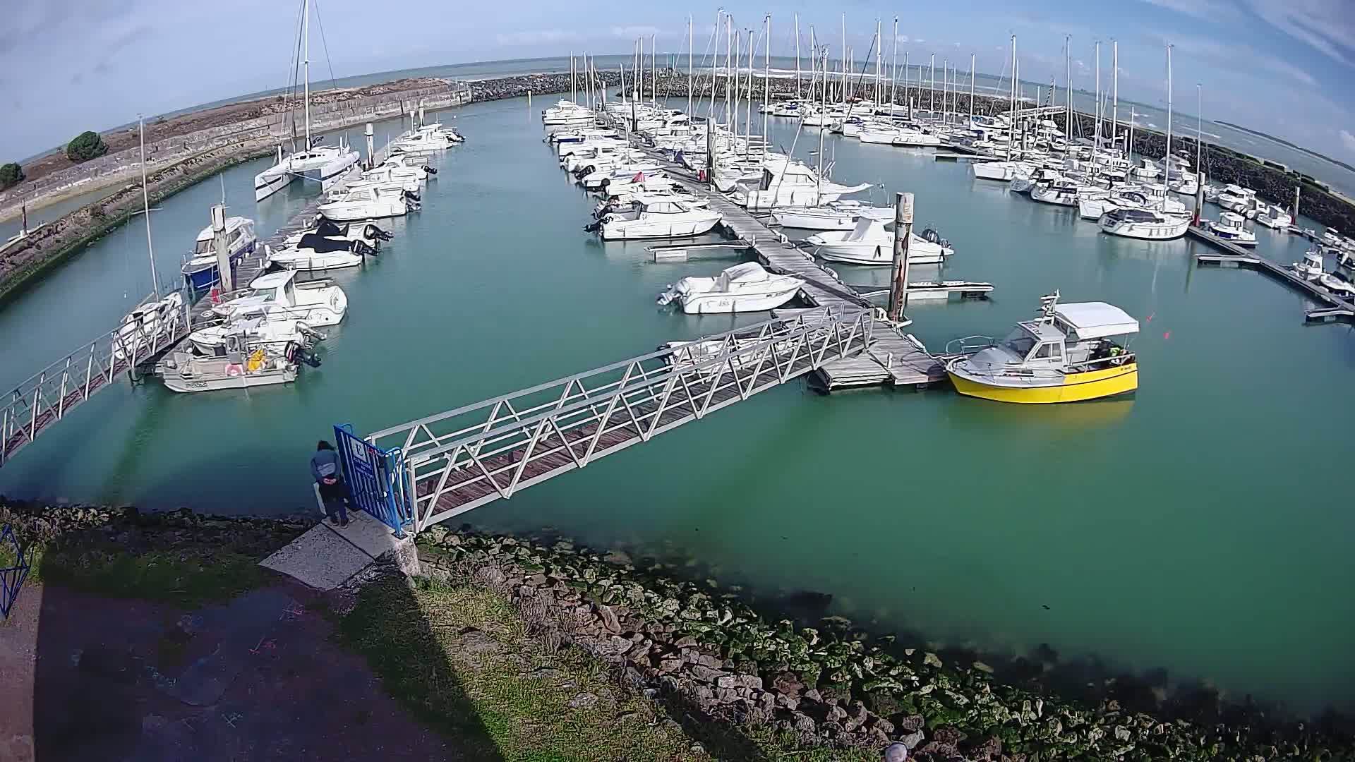 A marina filled with numerous sailboats and motorboats on a calm, sunny day, with a metal walkway leading to a dock.