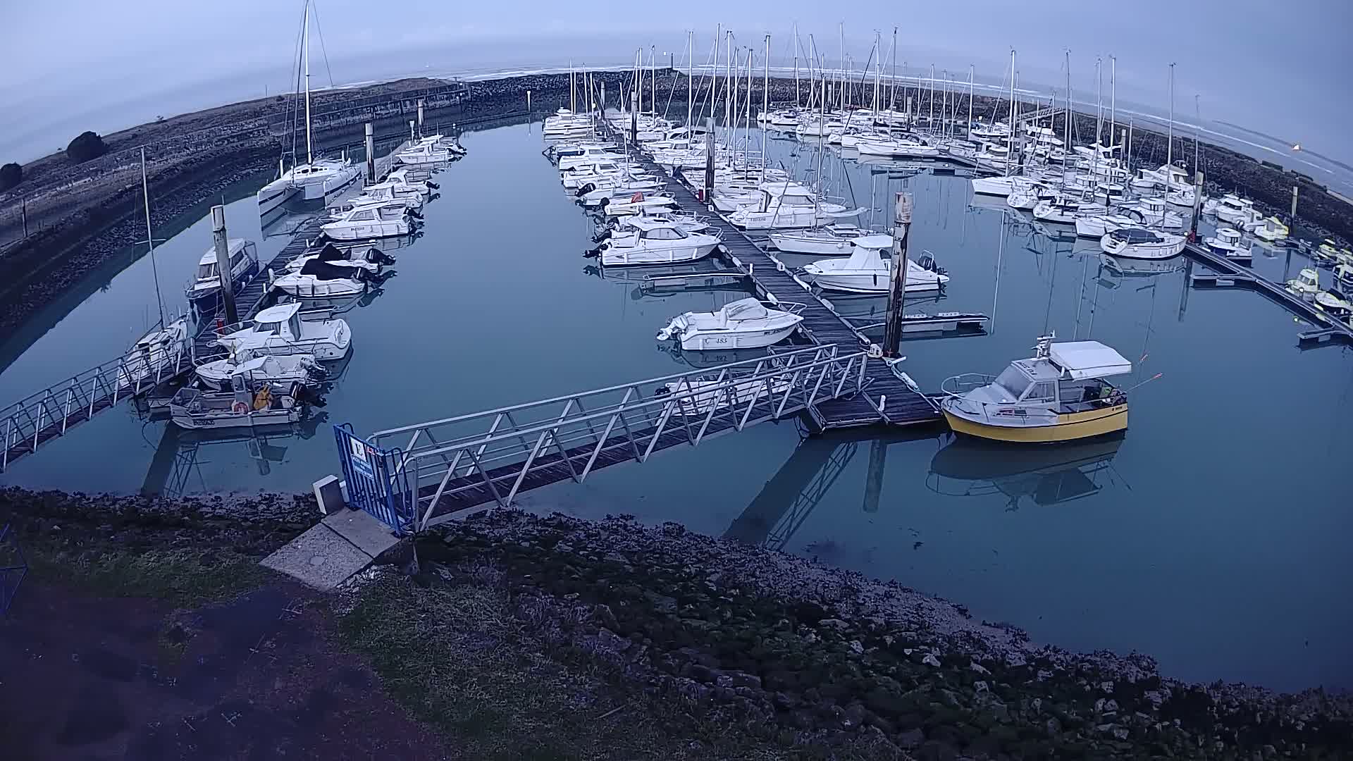 Many sailboats and motorboats are docked in a calm marina under an overcast sky.