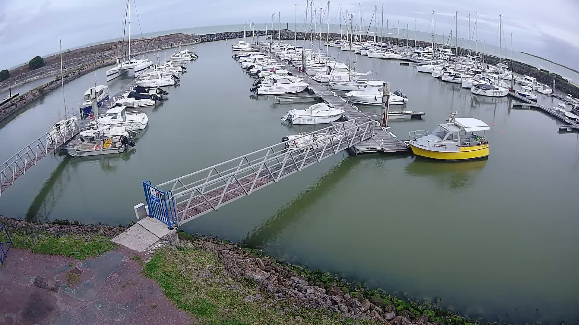 A marina filled with numerous boats of various sizes on a cloudy day.