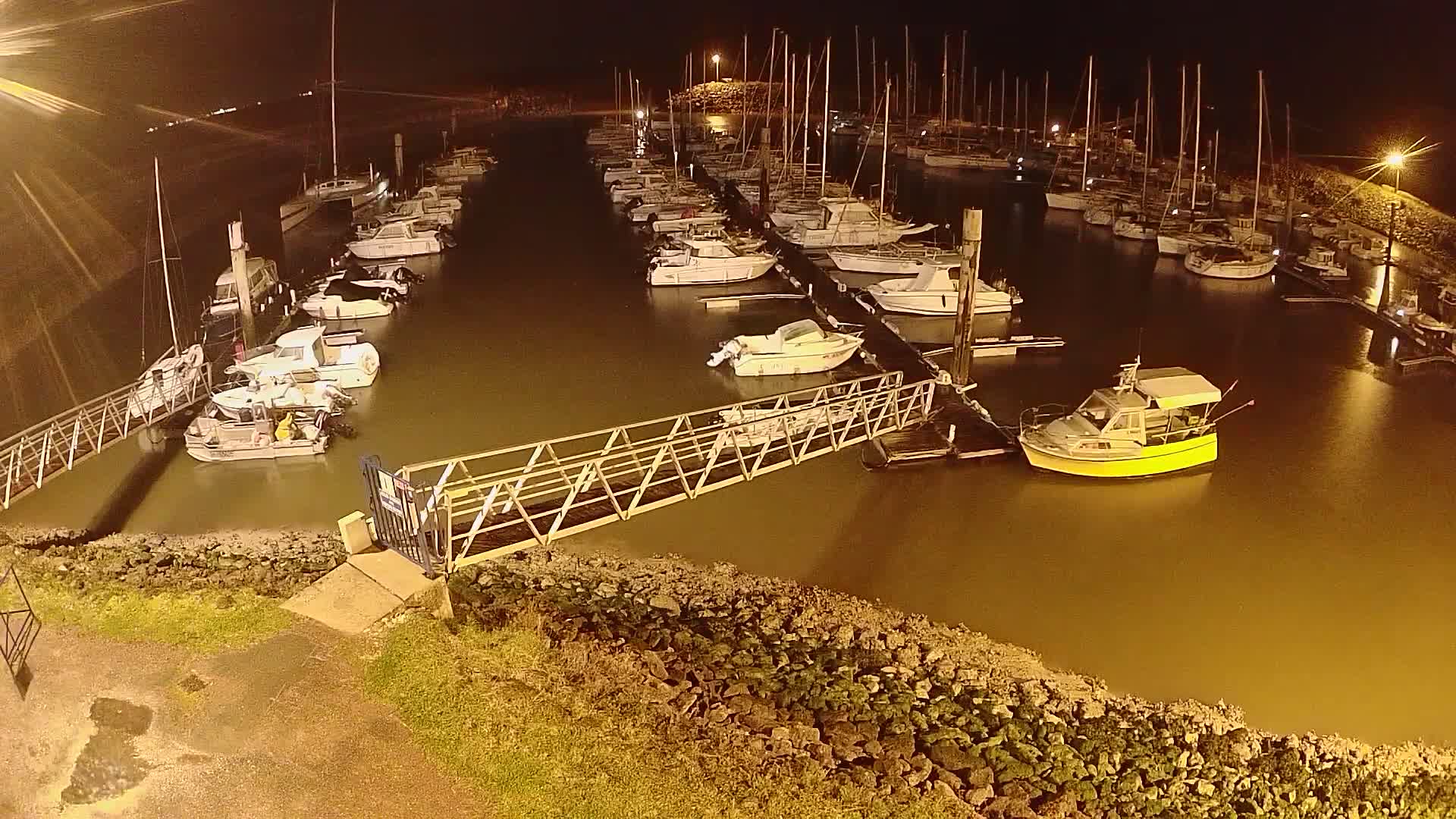 A marina at night, filled with numerous boats moored along docks, is illuminated by artificial lights.