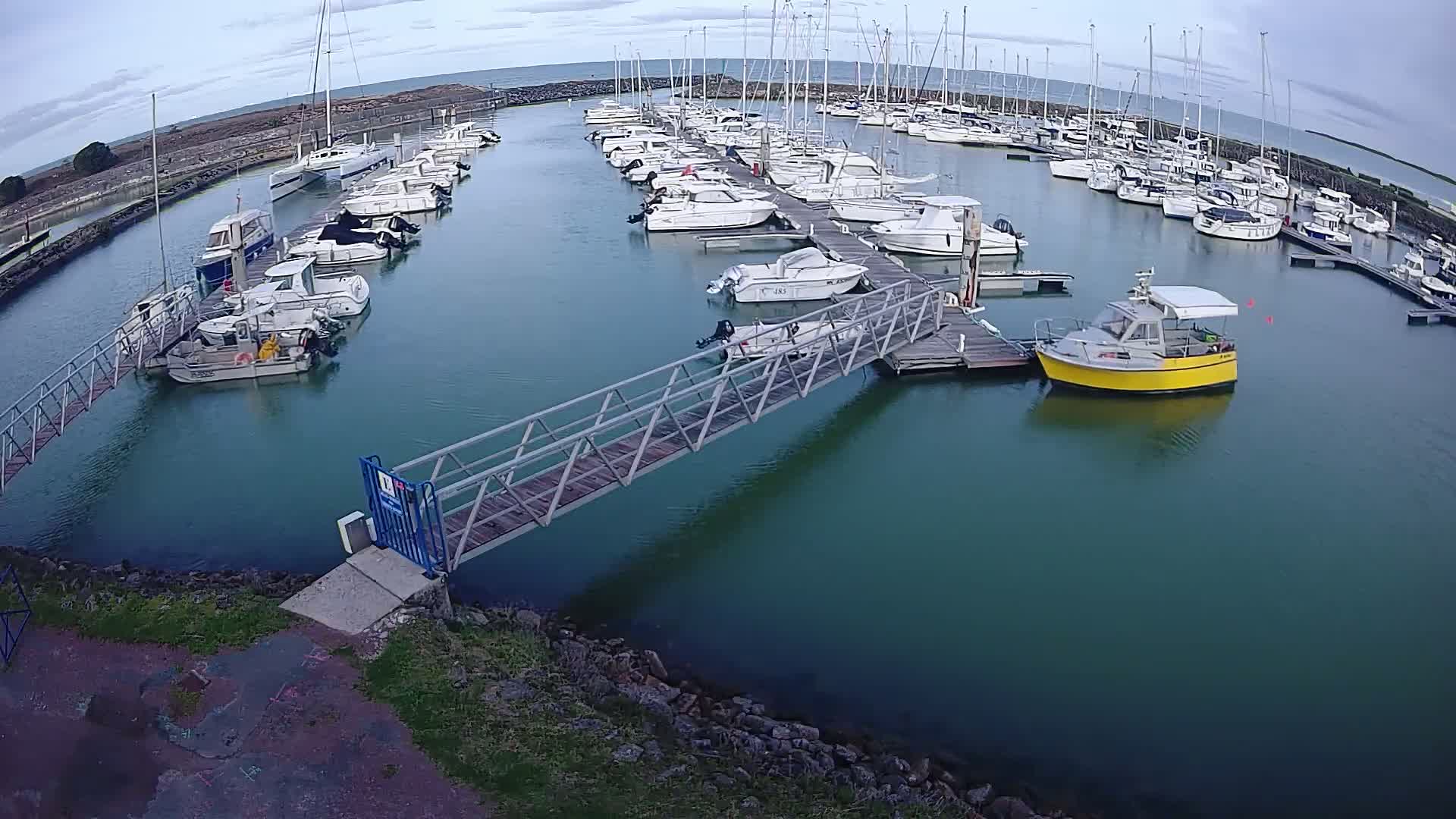 A marina filled with numerous boats on a calm, overcast day, connected by a metal walkway to the shore.
