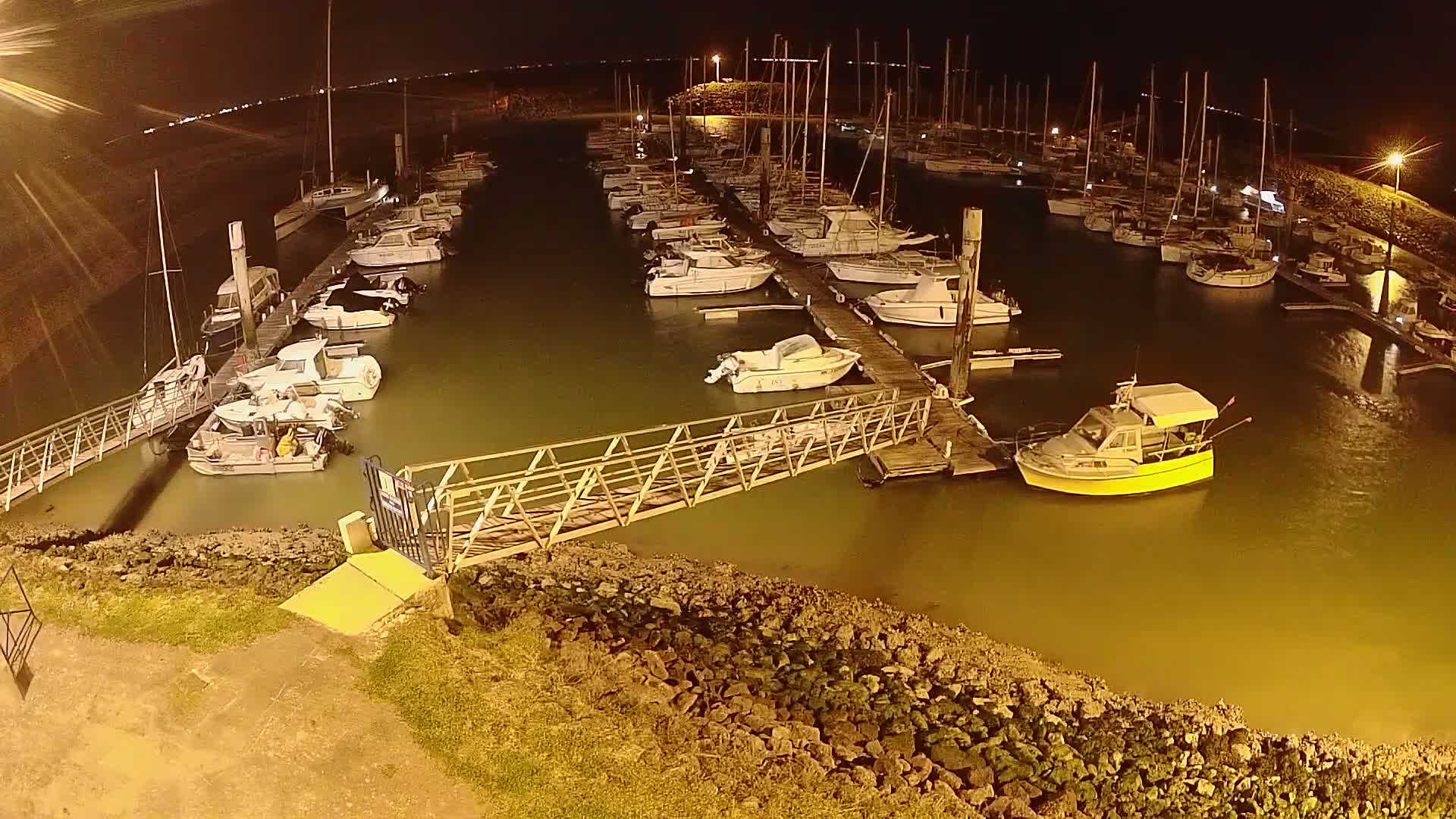Many boats are docked at a marina at night under calm water.
