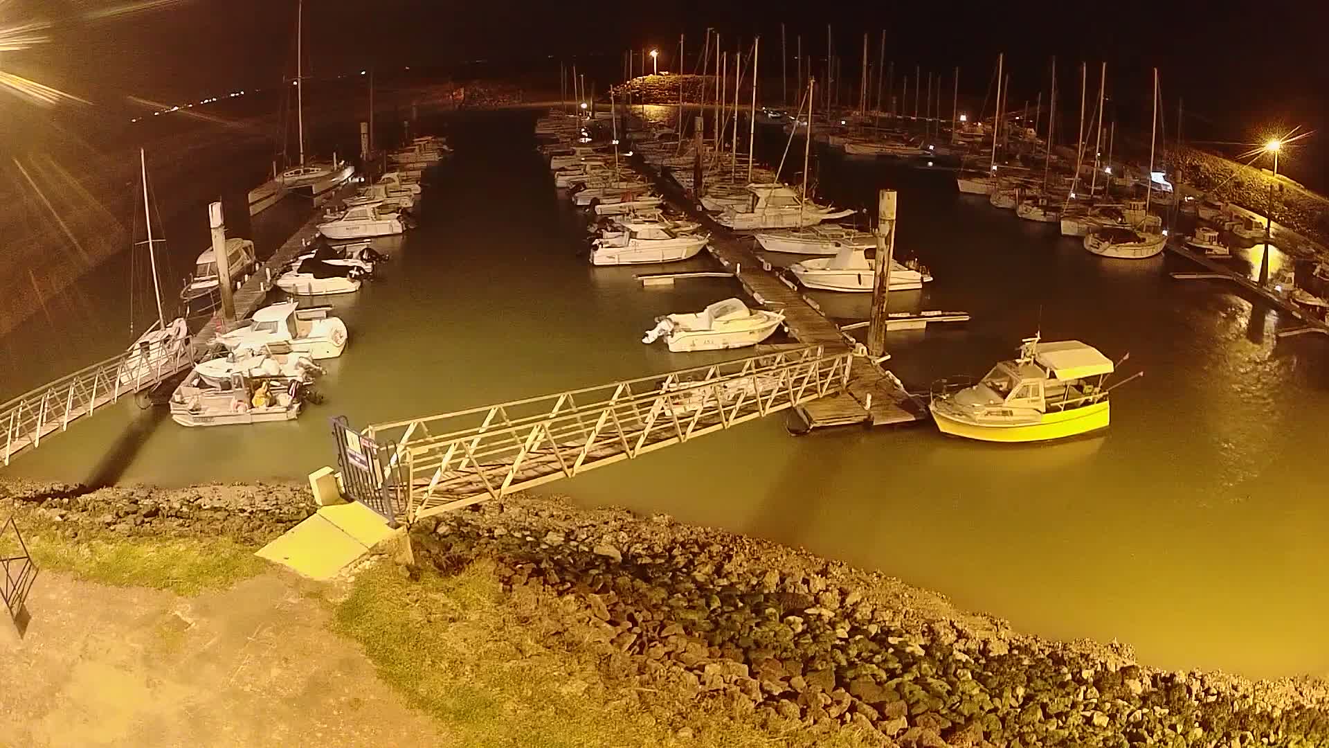 At night, numerous sailboats and motorboats are docked at a marina illuminated by artificial lights, with calm, murky water surrounding them.
