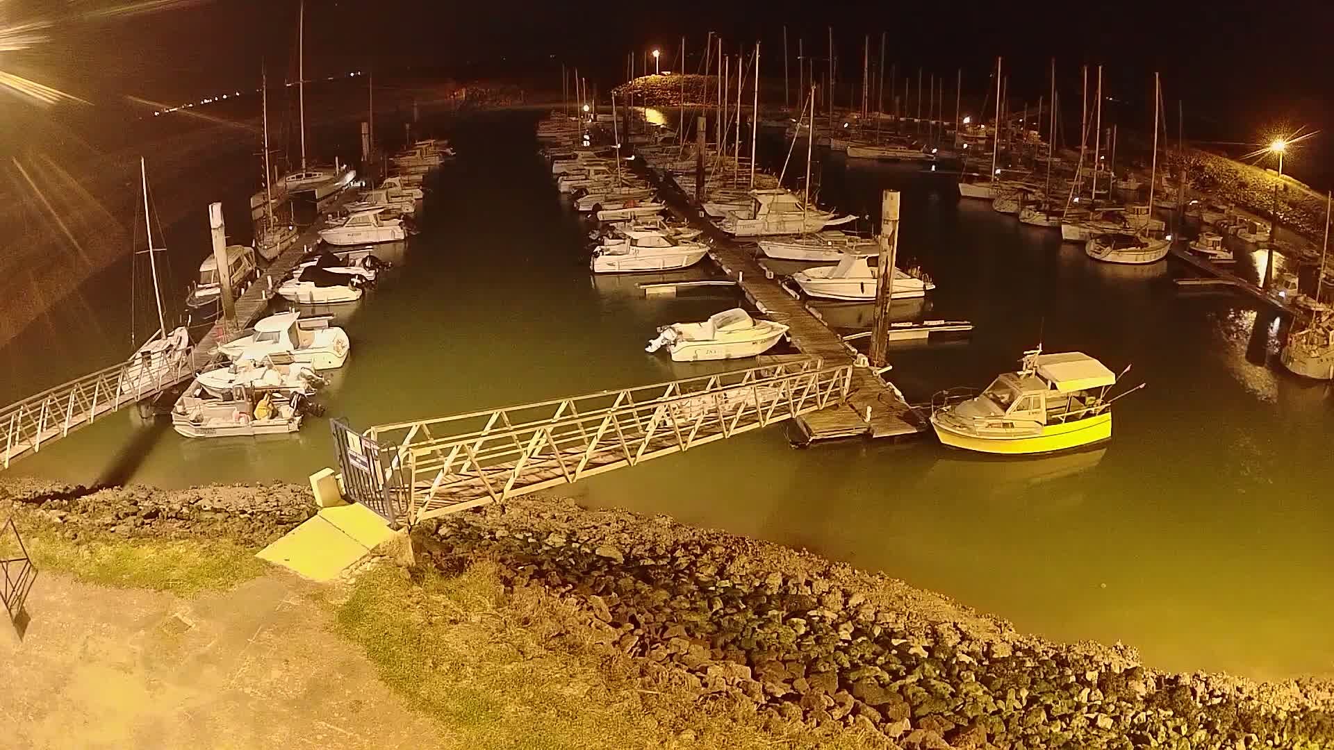 At night, numerous boats are docked in a marina, illuminated by artificial light, with calm, murky water.