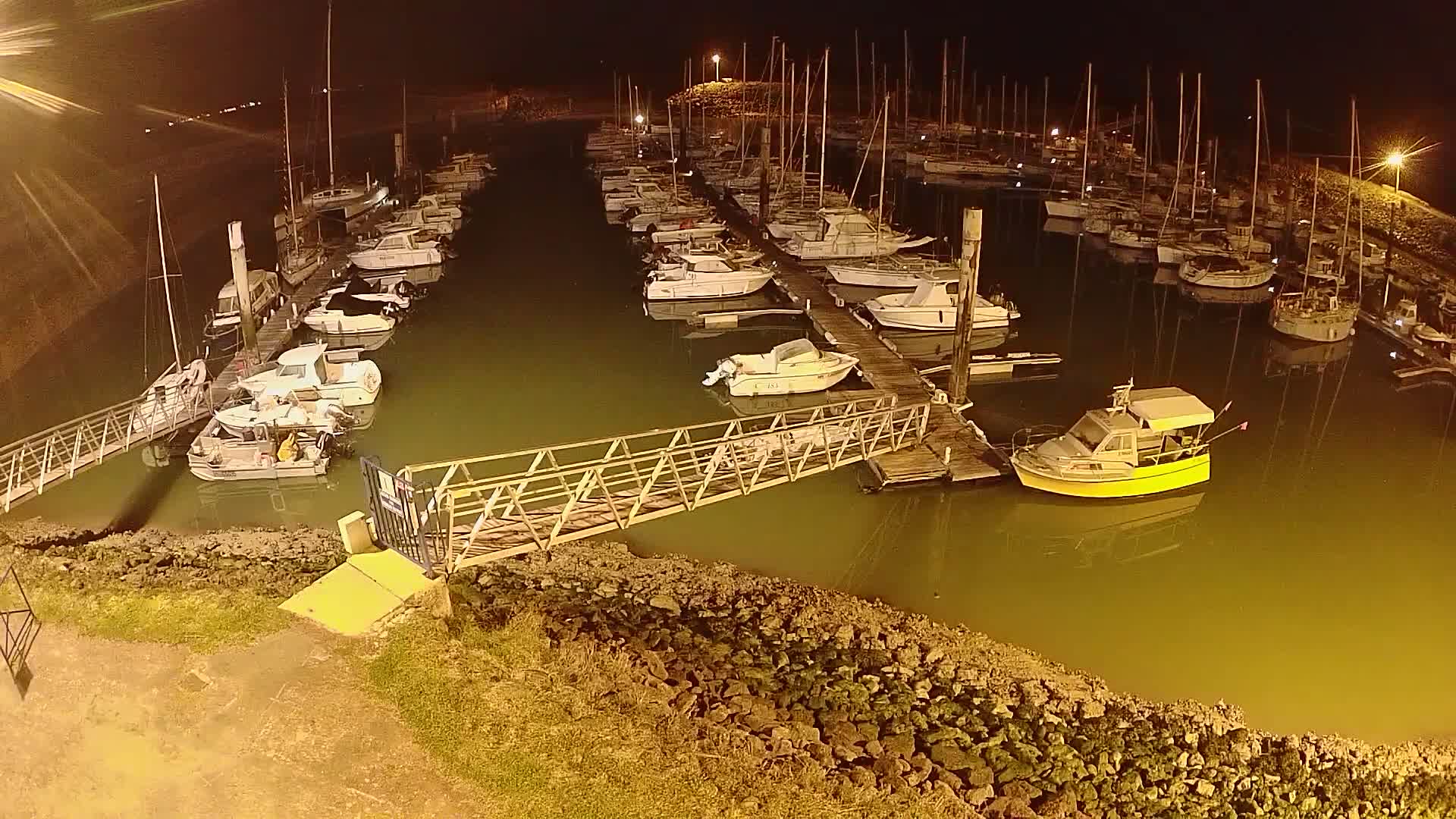 At night, numerous boats are docked at a marina, illuminated by artificial lights, with calm, greenish-brown water.