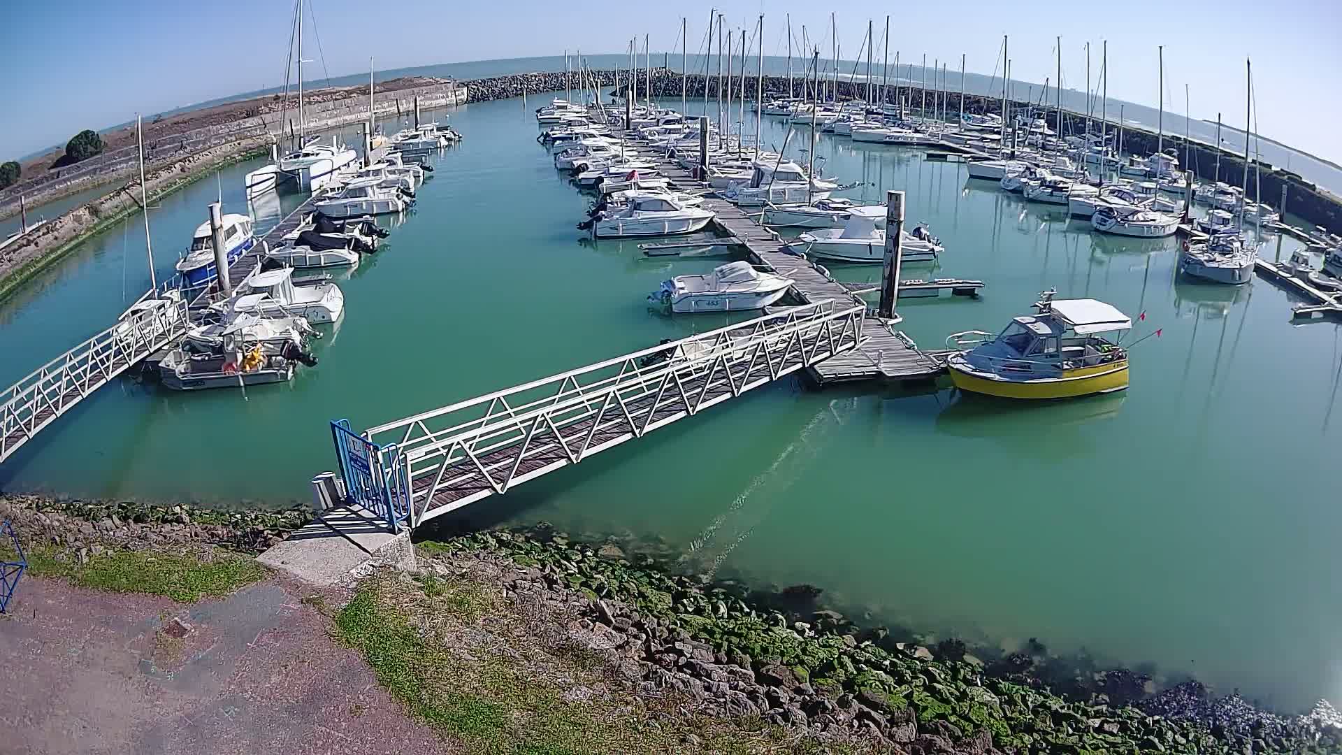 A marina filled with numerous sailboats and motorboats on a sunny day, with a metal walkway extending from the shore to a dock.