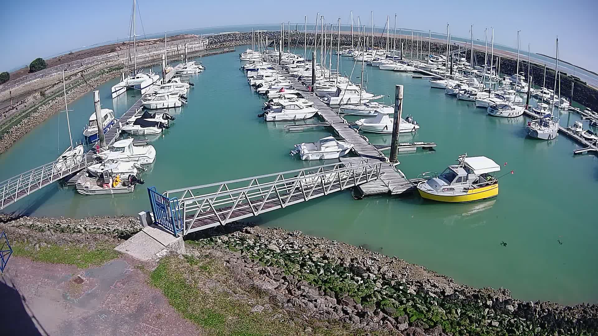 A marina filled with numerous boats on a sunny day, with clear teal water.