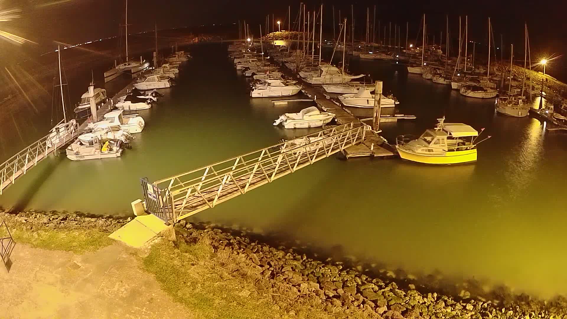 A marina at night, filled with numerous boats docked along piers, illuminated by artificial lights, with calm, green-tinged water.