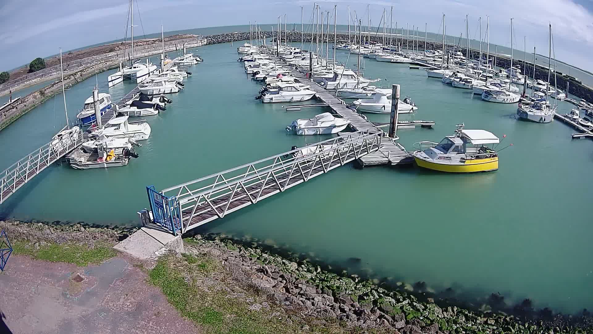 A marina filled with numerous sailboats and motorboats on a sunny day, connected by a metal walkway to the shore.
