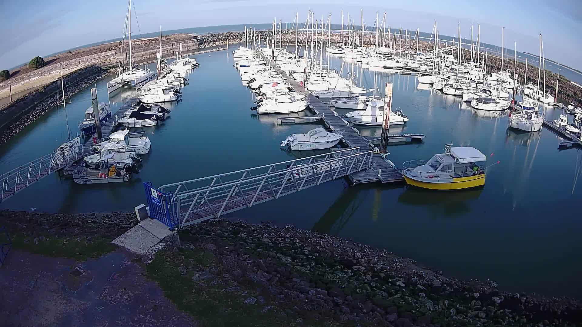 A marina filled with numerous sailboats and motorboats on a calm, sunny day.
