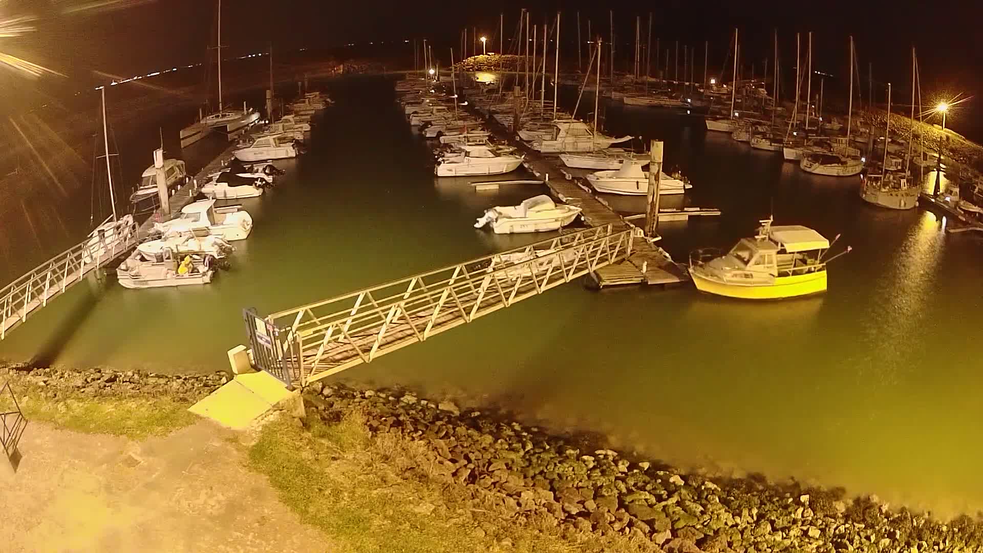 A marina at night, filled with numerous boats moored at docks, is illuminated by artificial lights, with calm, greenish-tinged water surrounding the vessels.