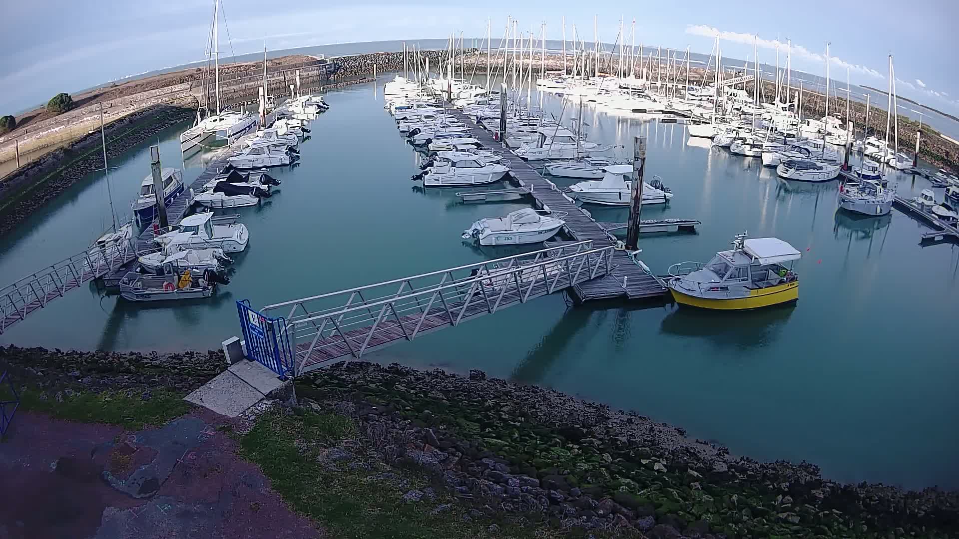 A marina filled with numerous boats of varying sizes, docked along piers and walkways, under a partly cloudy sky.