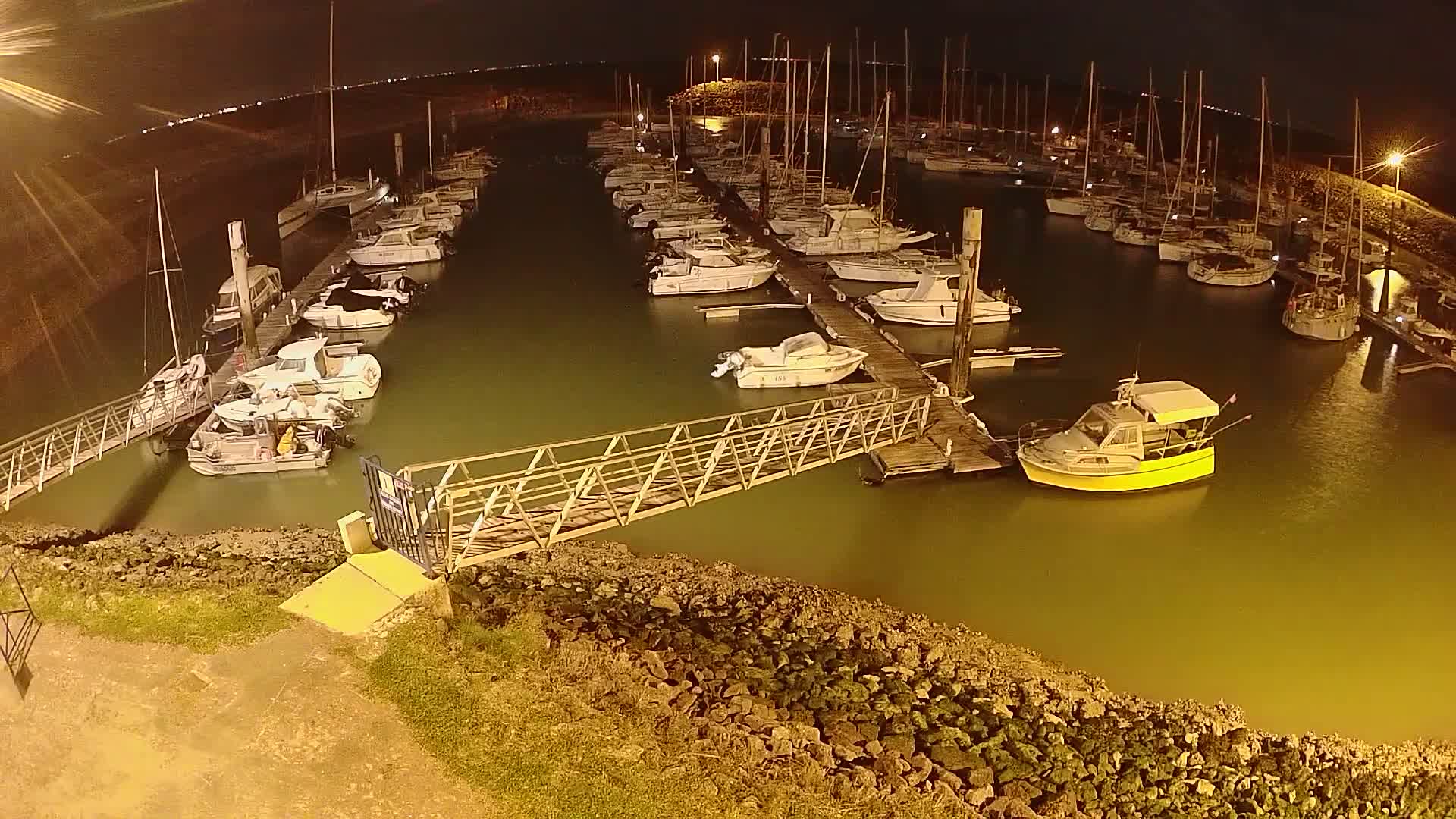 At night, numerous boats are docked at a marina, illuminated by artificial lights, with calm, murky water.